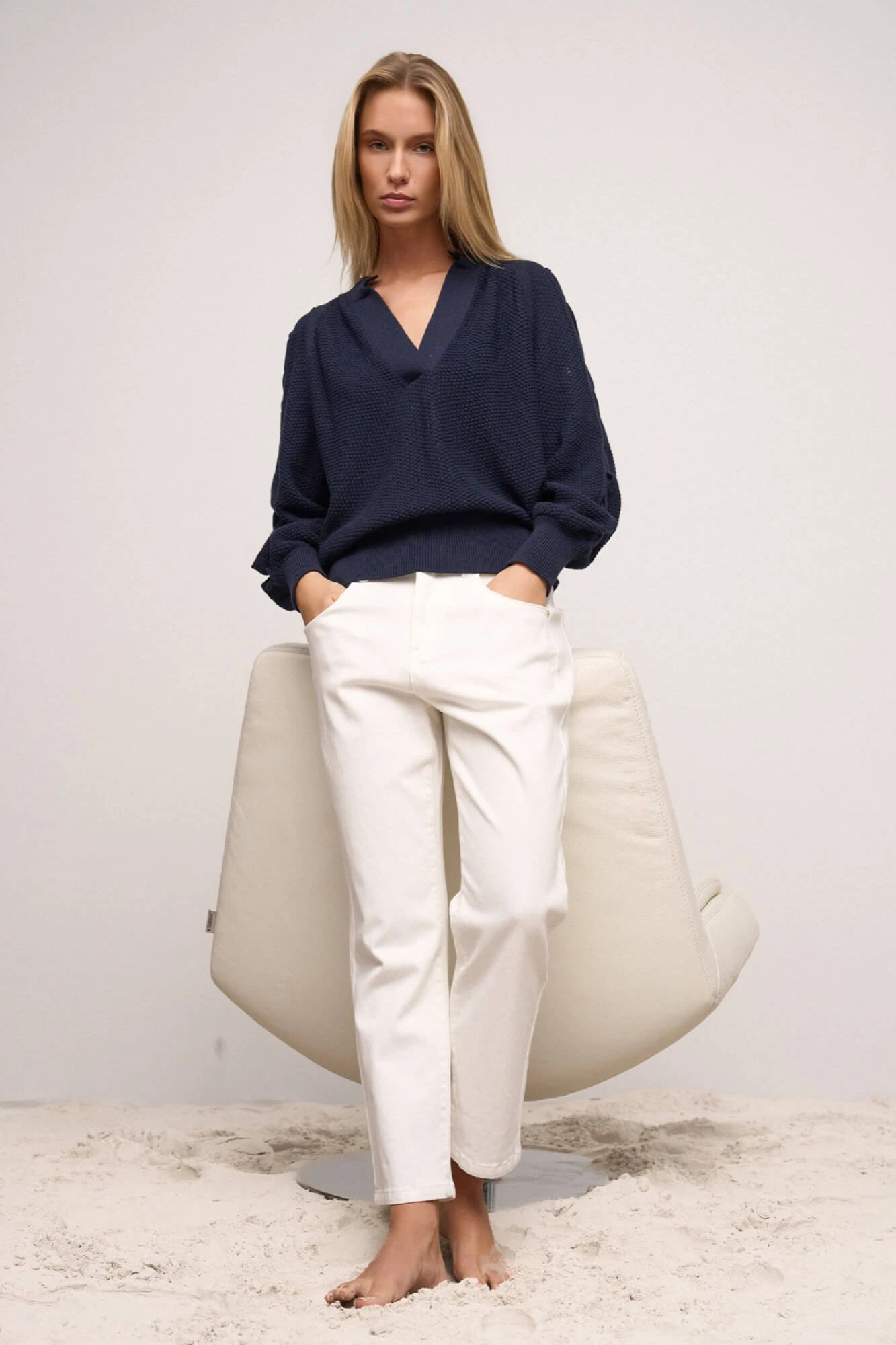 Katoenen Dames Trui Veters Mouwen Open Schouders Grove Blauw