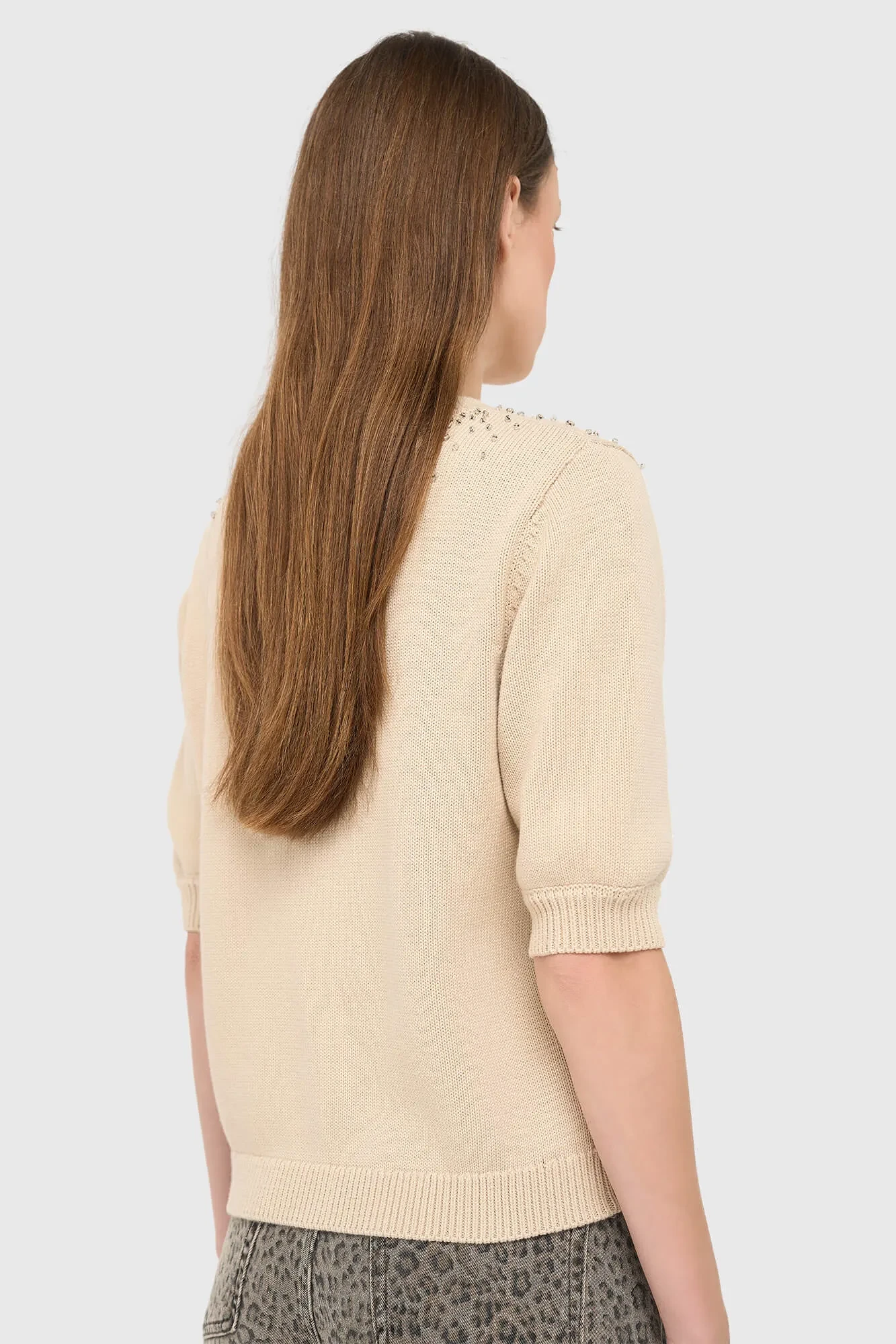 Beige Katoenen Dames Truitje Met Steentjes Barret