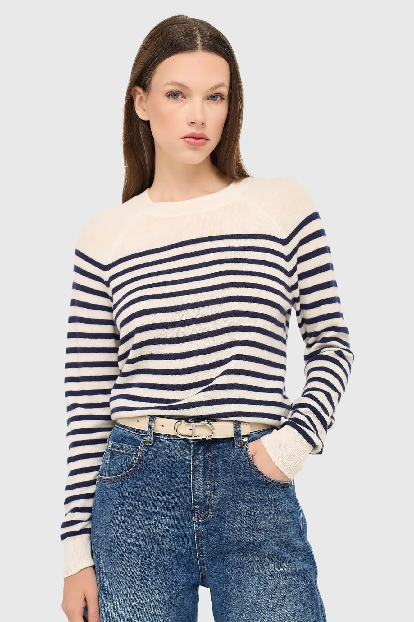 Blauw Gestreepte Dames Trui Merino Wol Rich