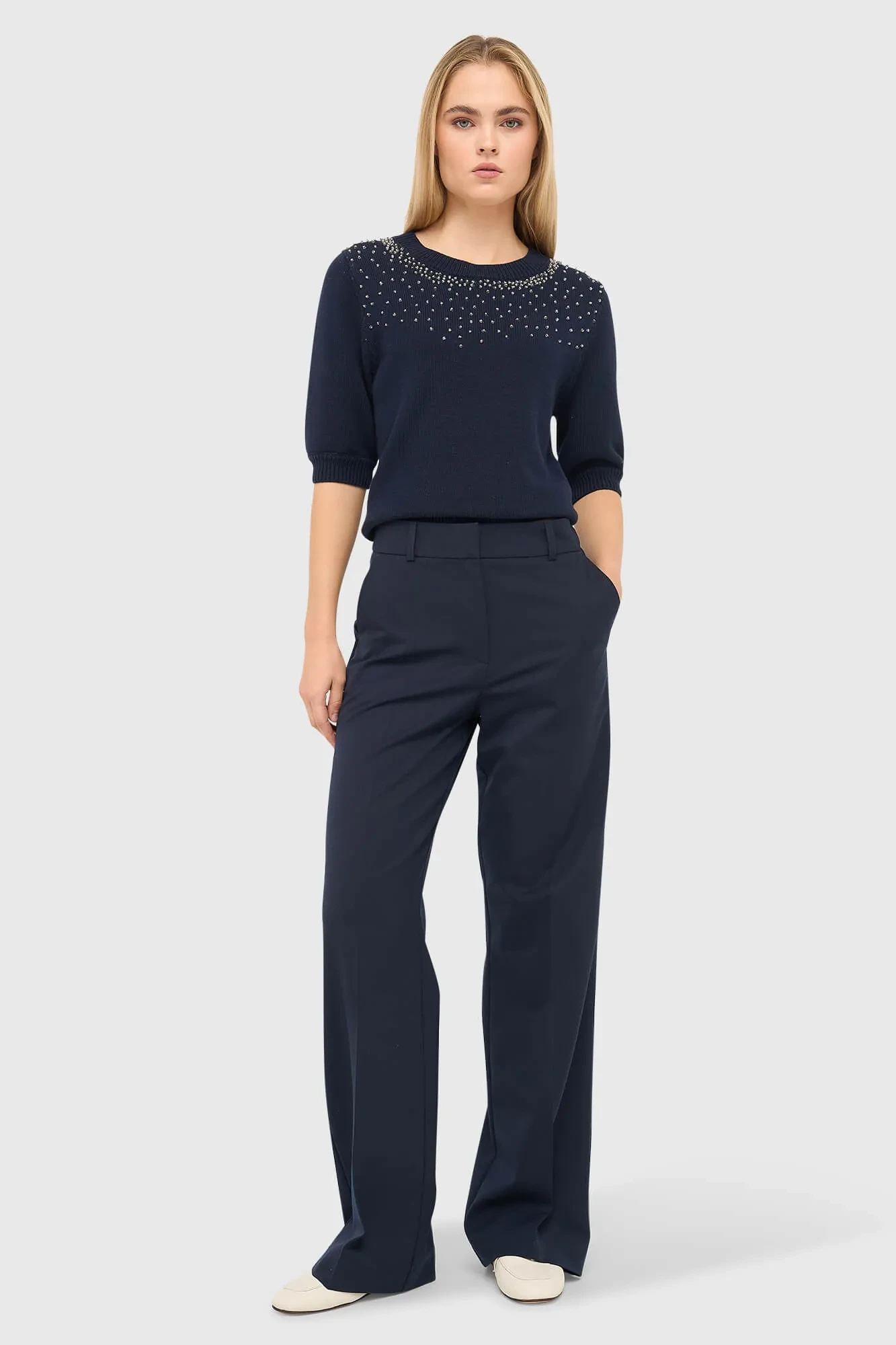 Blauw Katoenen Dames Truitje Met Steentjes Barret