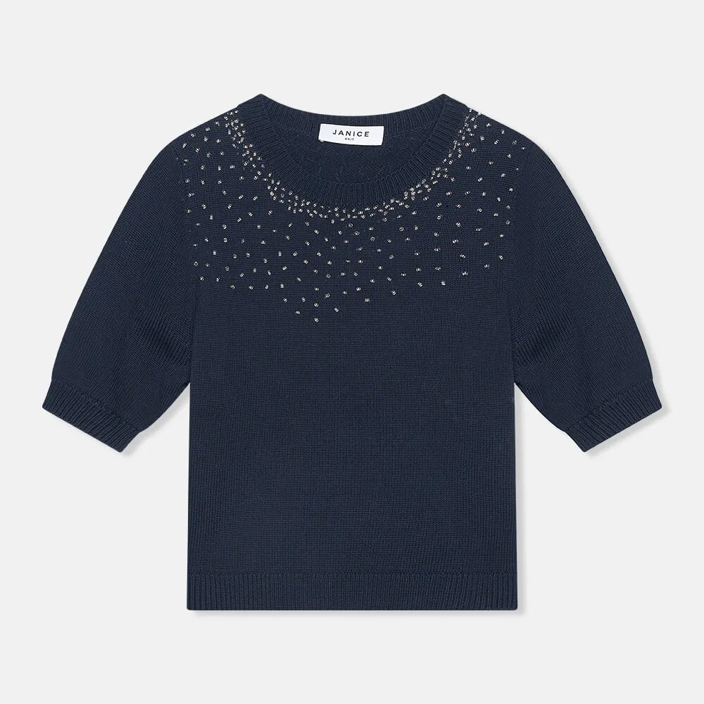 Blauw Katoenen Dames Truitje Met Steentjes Barret