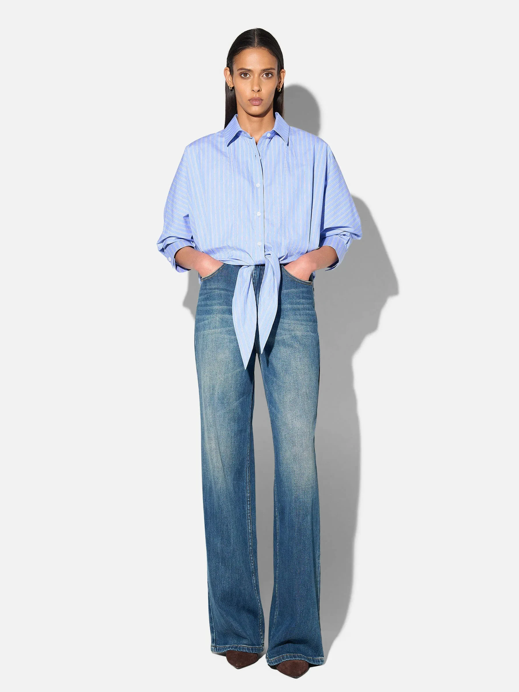 Blauwe Blouse Dames Strik Katoen Strepen Boyfriend David