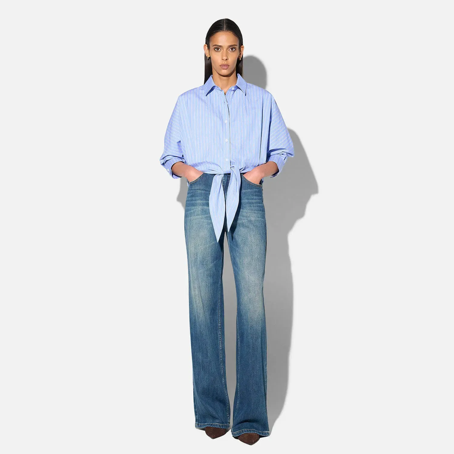 Blauwe Blouse Dames Strik Katoen Strepen Boyfriend David