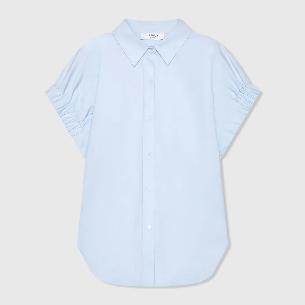 Blauwe Katoenen Dames Blouse Korte Mouw Yaro