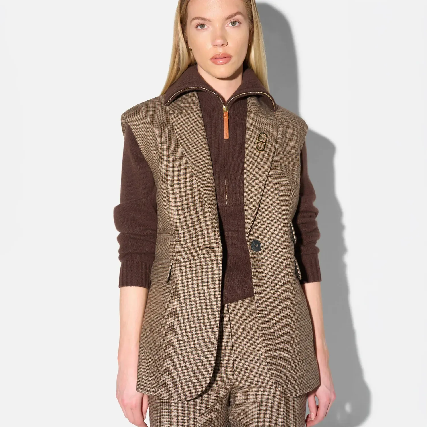 Blazer Vest Dames Bruin Kleine Ruit Marvin