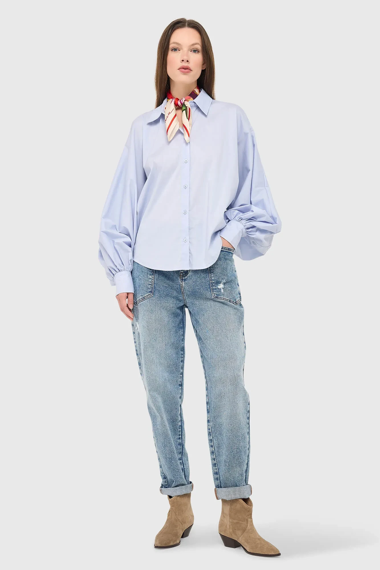 Blouse Dames Katoen Blauw Stone Pofmouw Cut Out