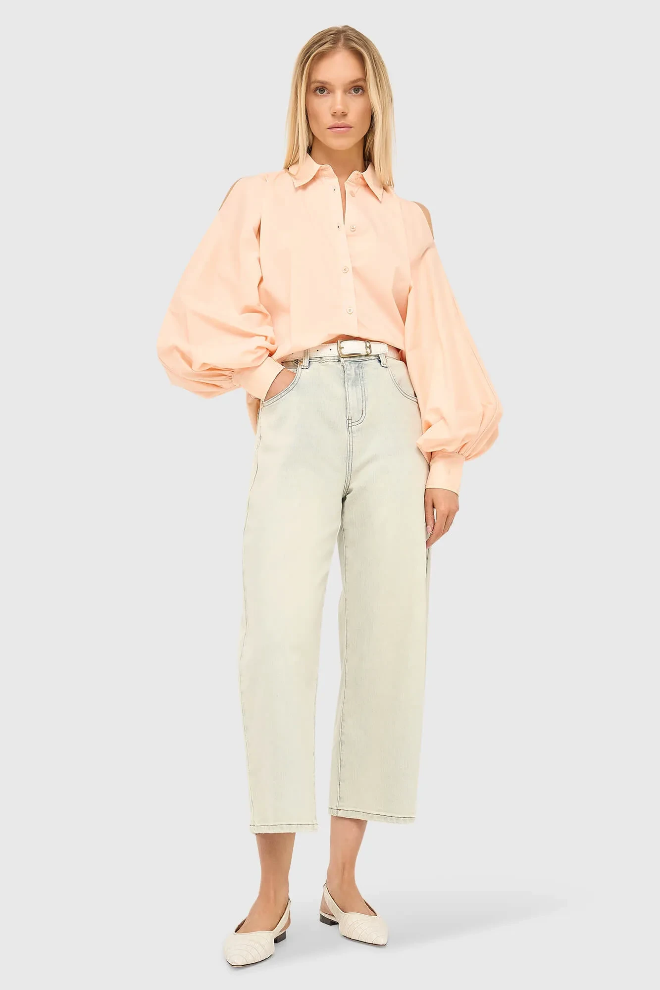 Blouse Dames Katoen Peach Tone Pofmouw Cut Out