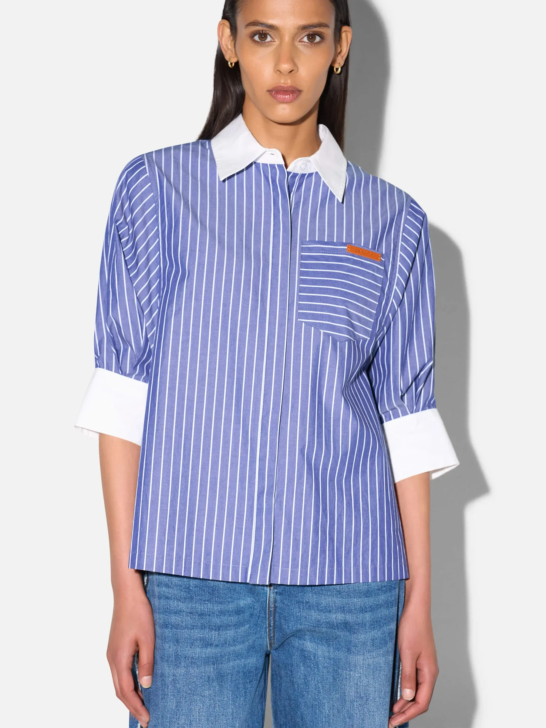 Blouse Dames Korte Mouw Katoen Seattle Blauw Streep