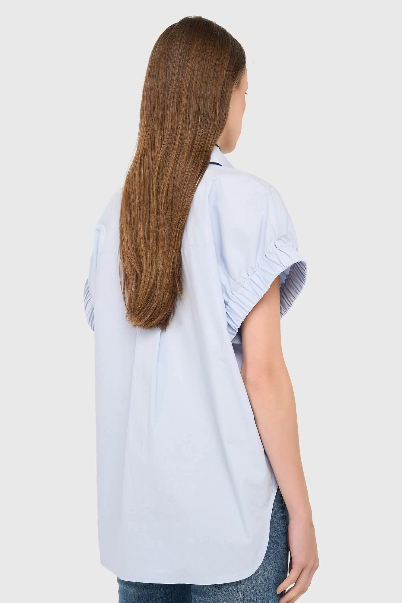 Blauwe Katoenen Dames Blouse Korte Mouw Yaro