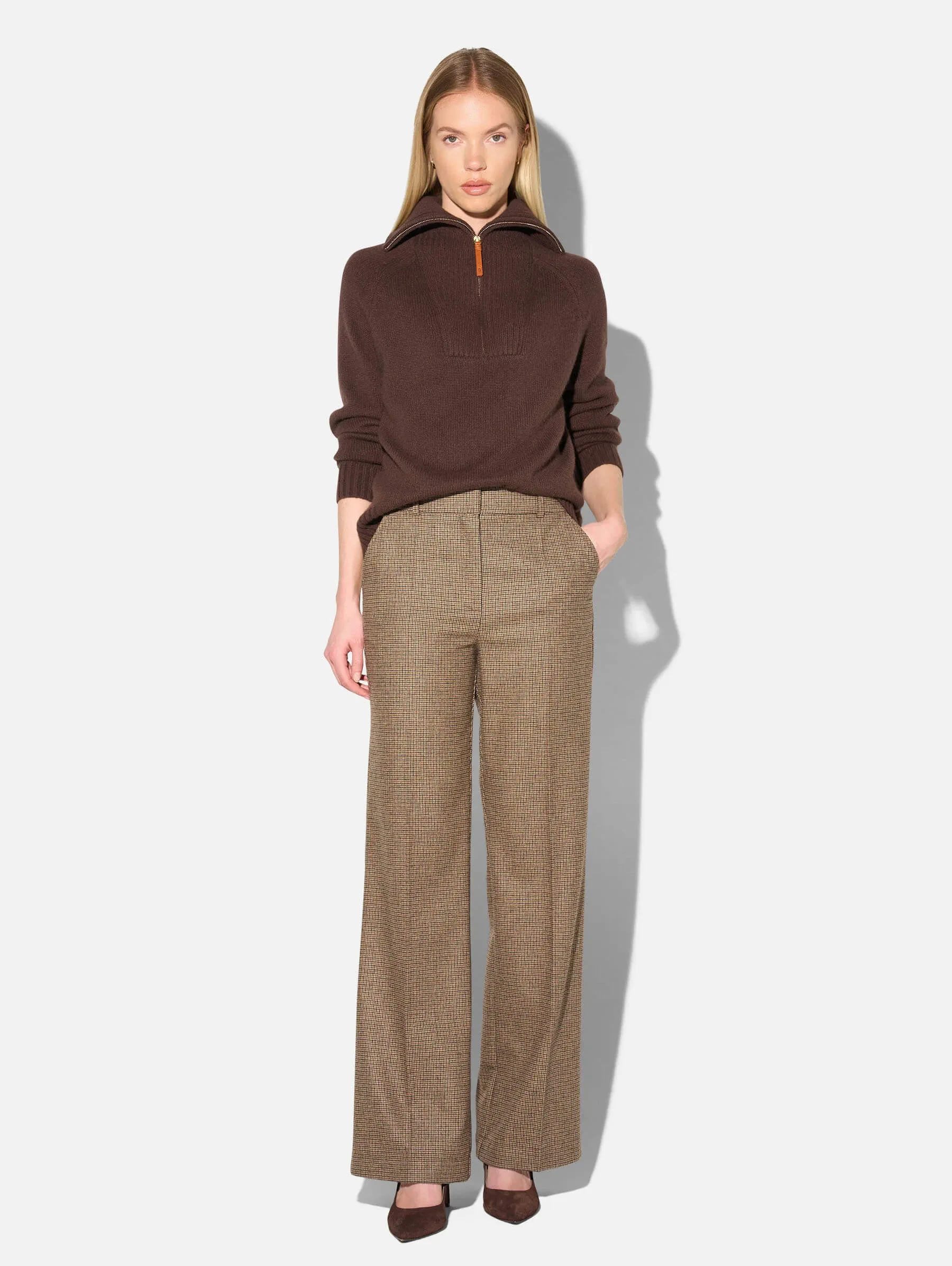 Broek Dames Rechte Wijde Pijp Bruin Kleine Ruit Emil
