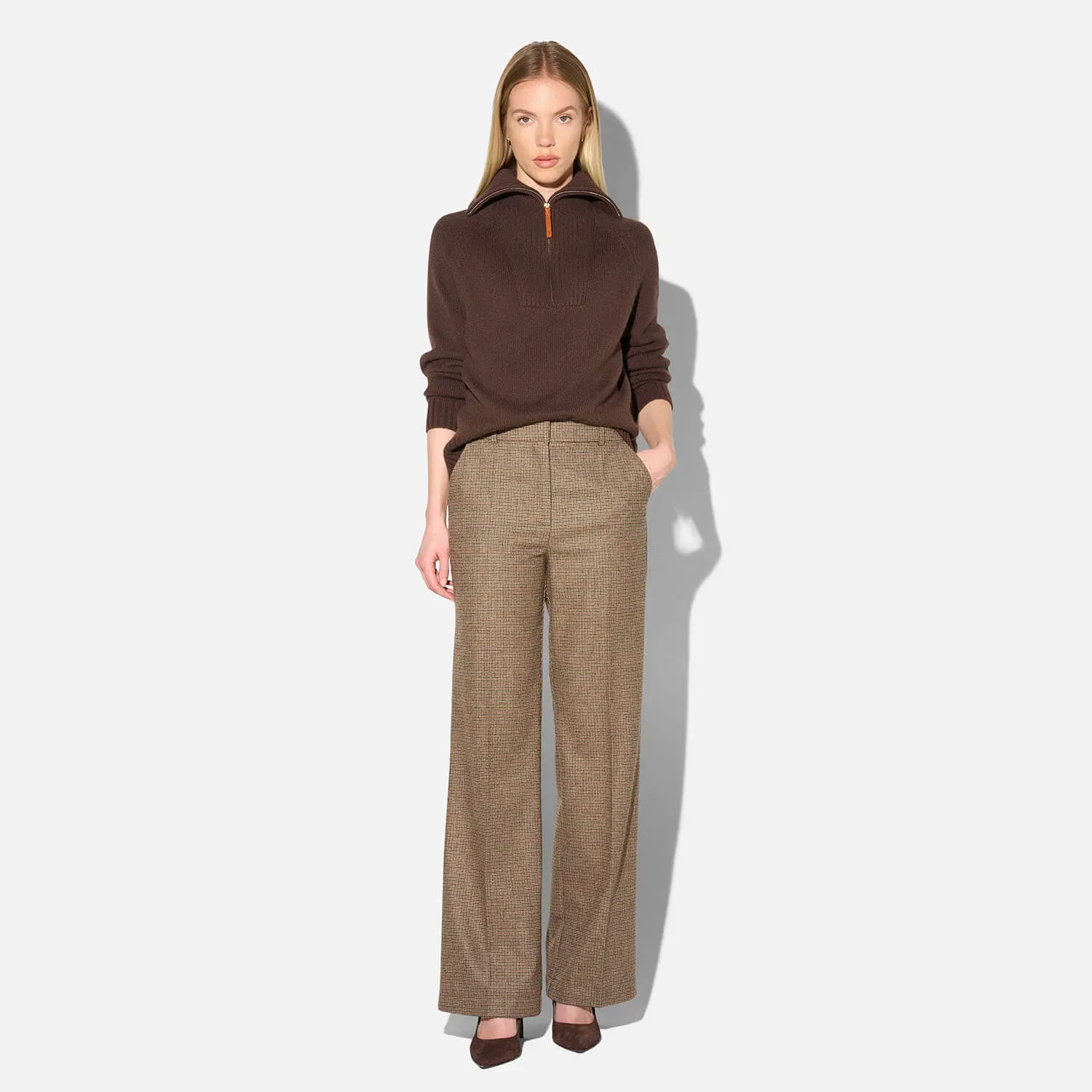 Broek Dames Rechte Wijde Pijp Bruin Kleine Ruit Emil