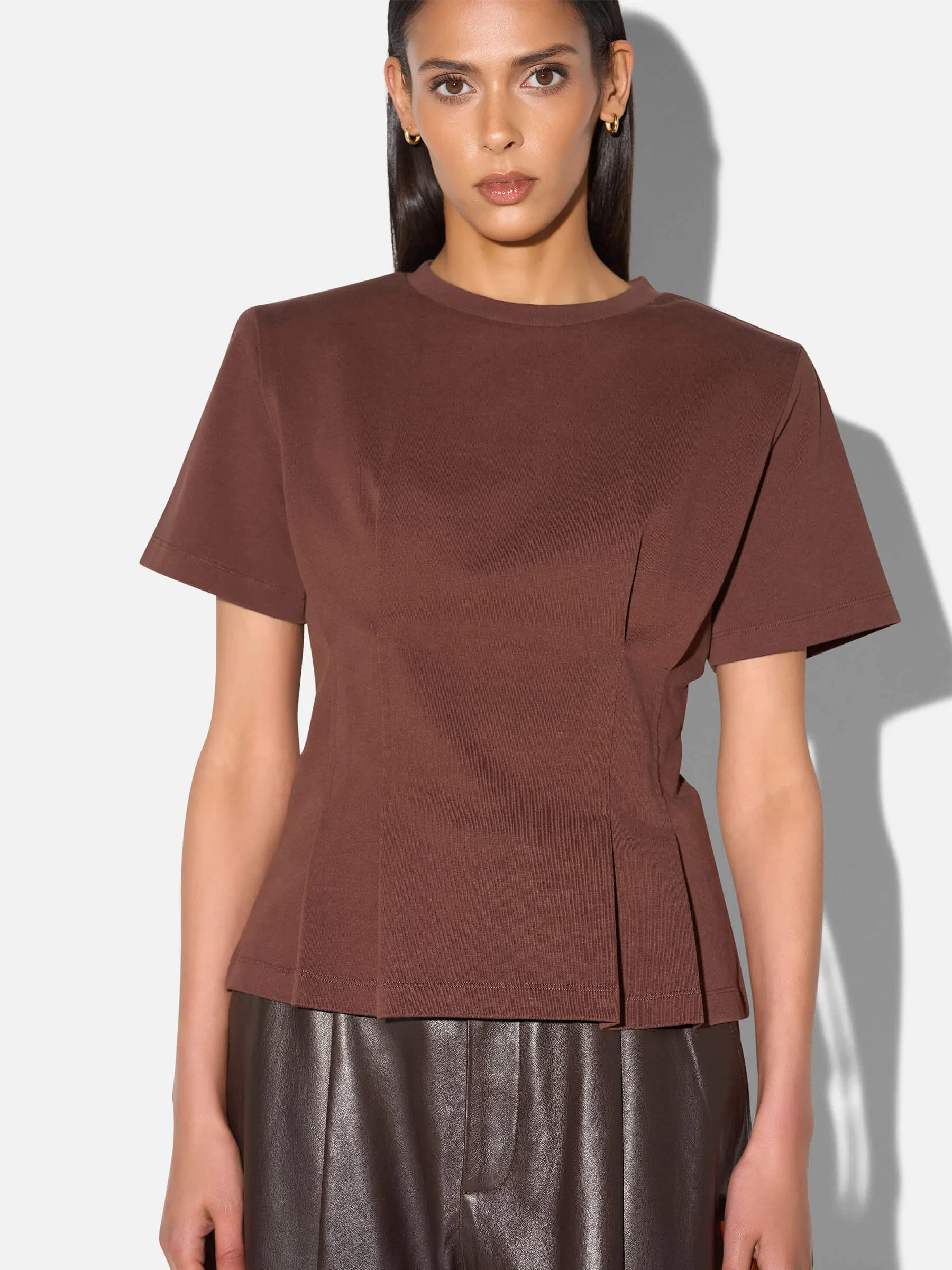 Bruin Katoenen Dames Shirt Plooien Taille Keon