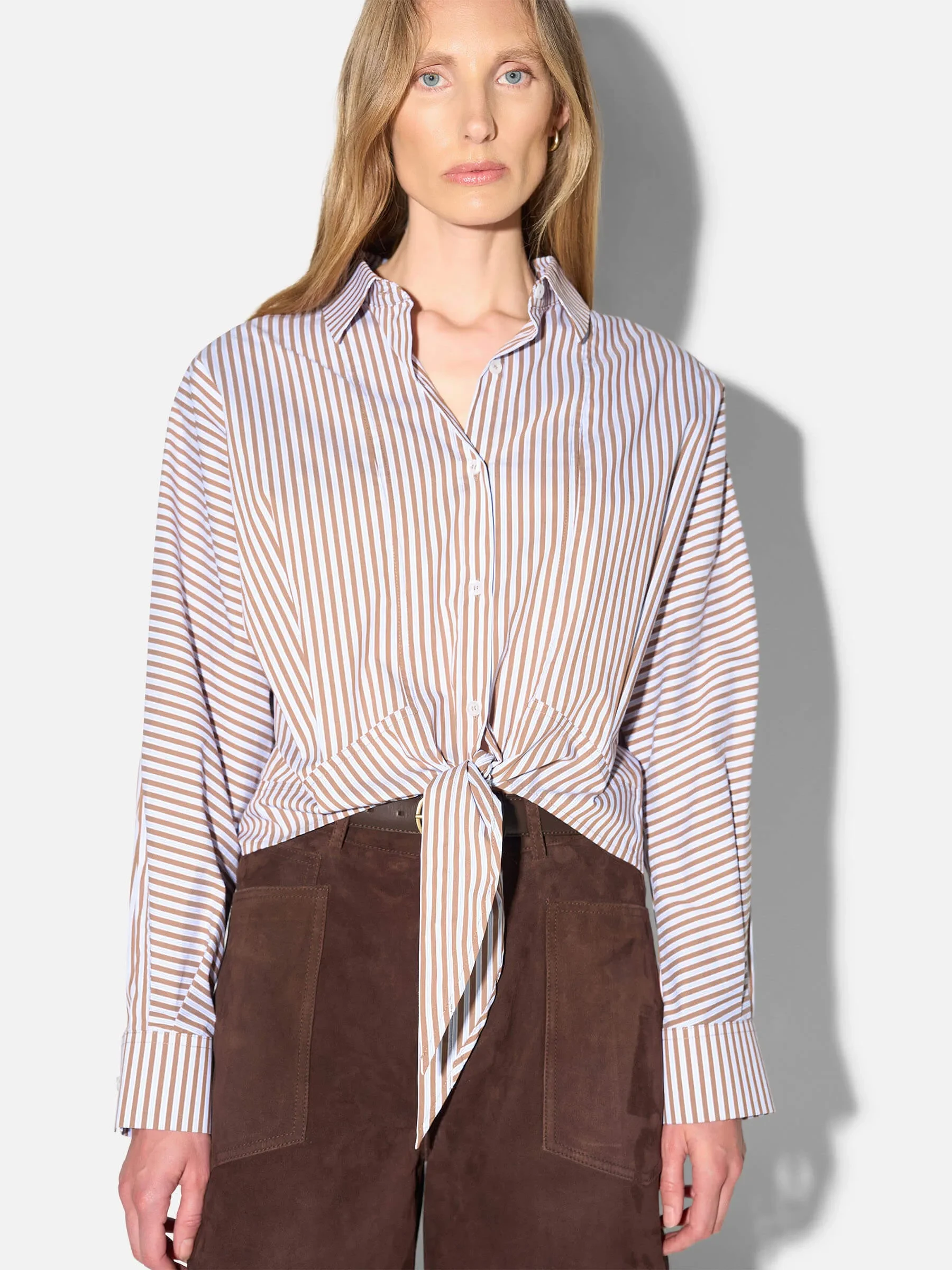 Bruine Blouse Dames Strik Katoen Strepen Boyfriend David