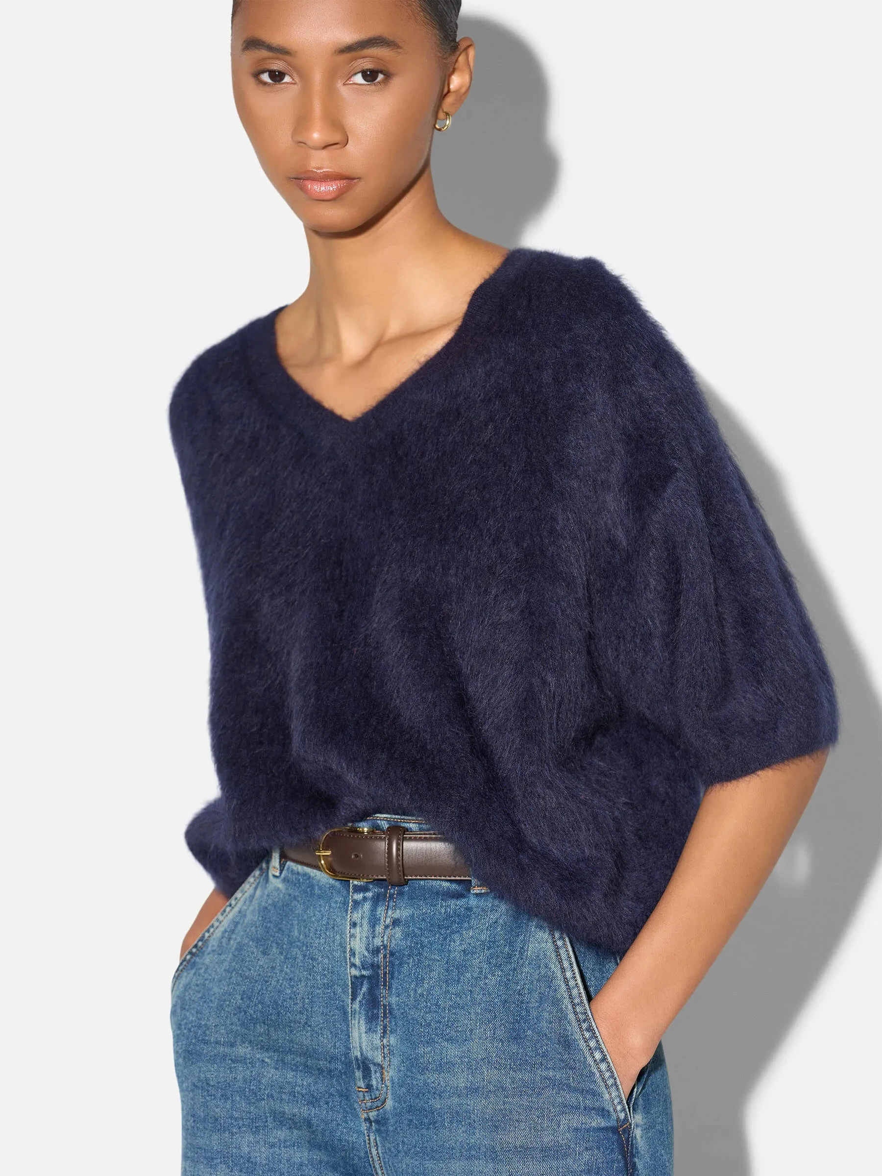Brushed Cashmere Dames Trui V Hals Romeo Blauw