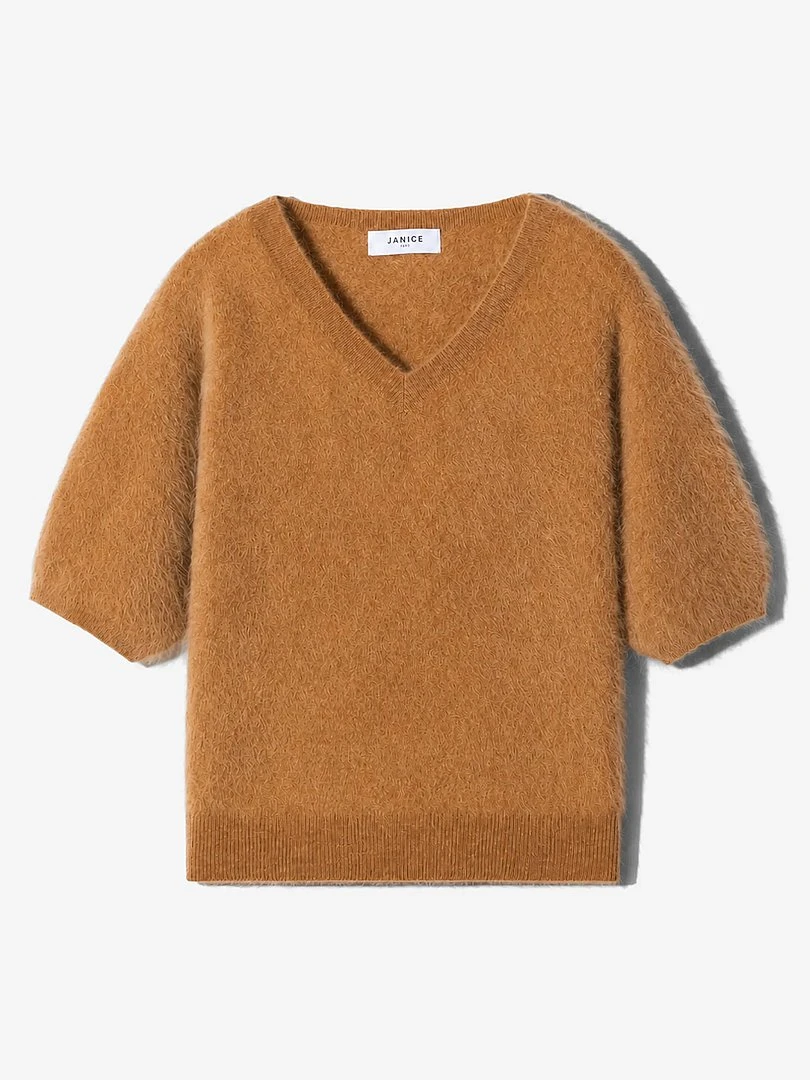 Brushed Cashmere Dames Trui V Hals Romeo Camel