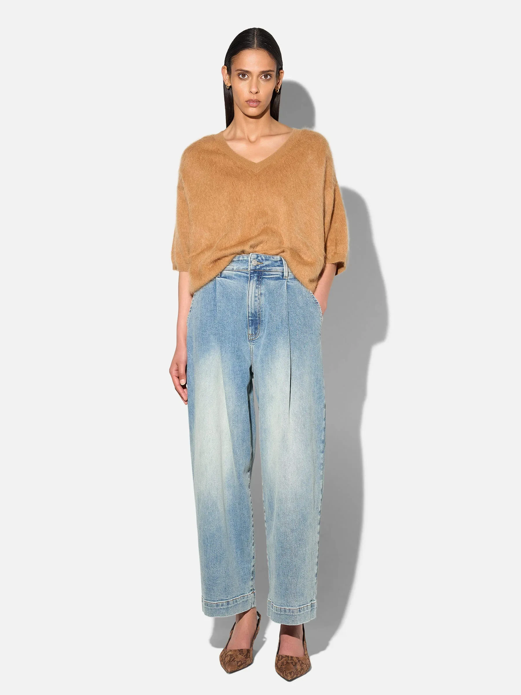 Brushed Cashmere Dames Trui V Hals Romeo Camel