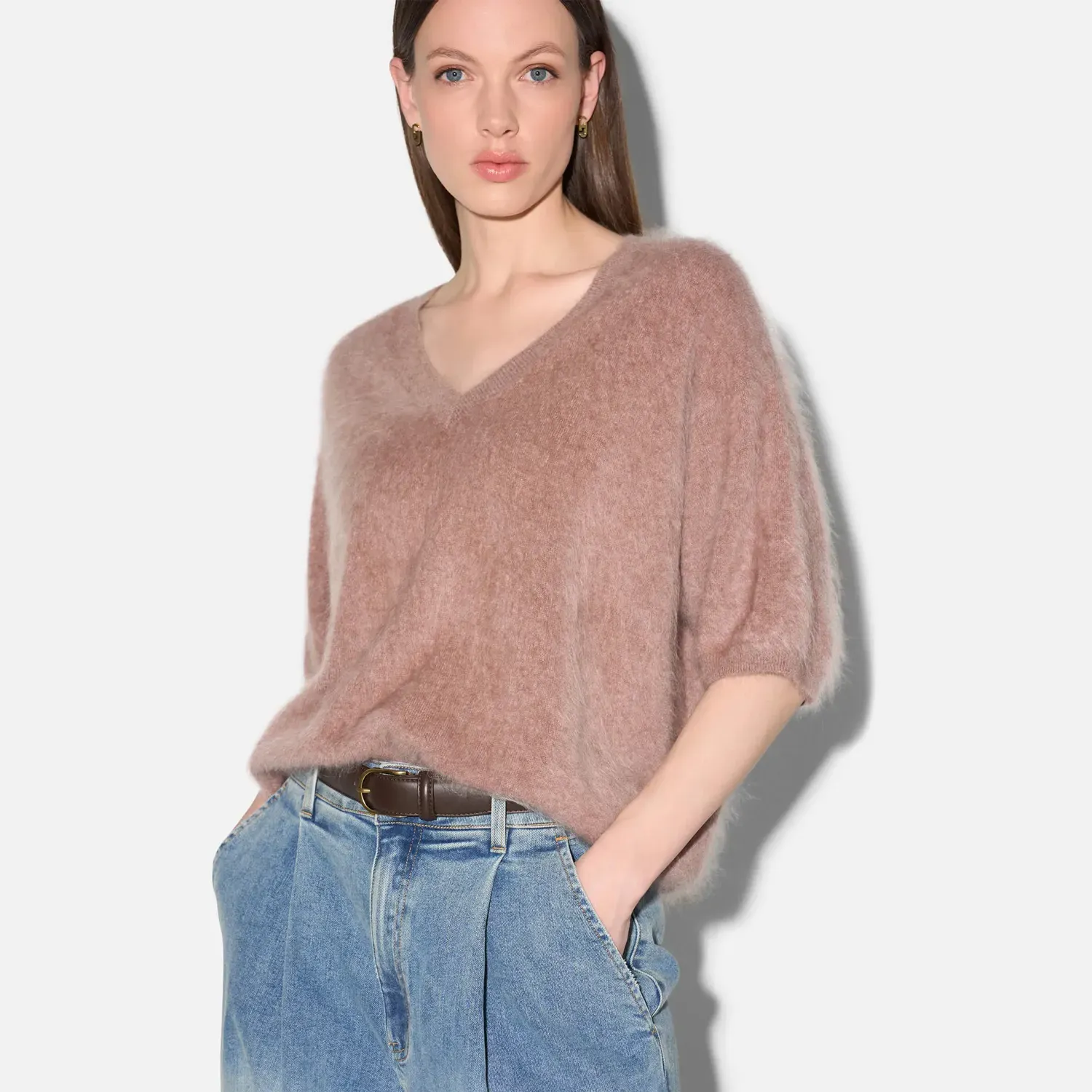 Brushed Cashmere Dames Trui V Hals Romeo Taupe