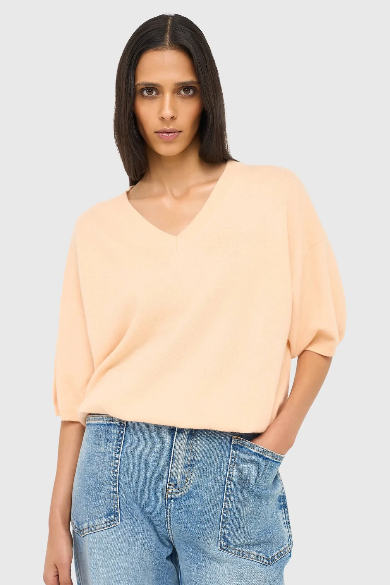 Cashmere Dames Trui V Hals Romeo Peach Lurex