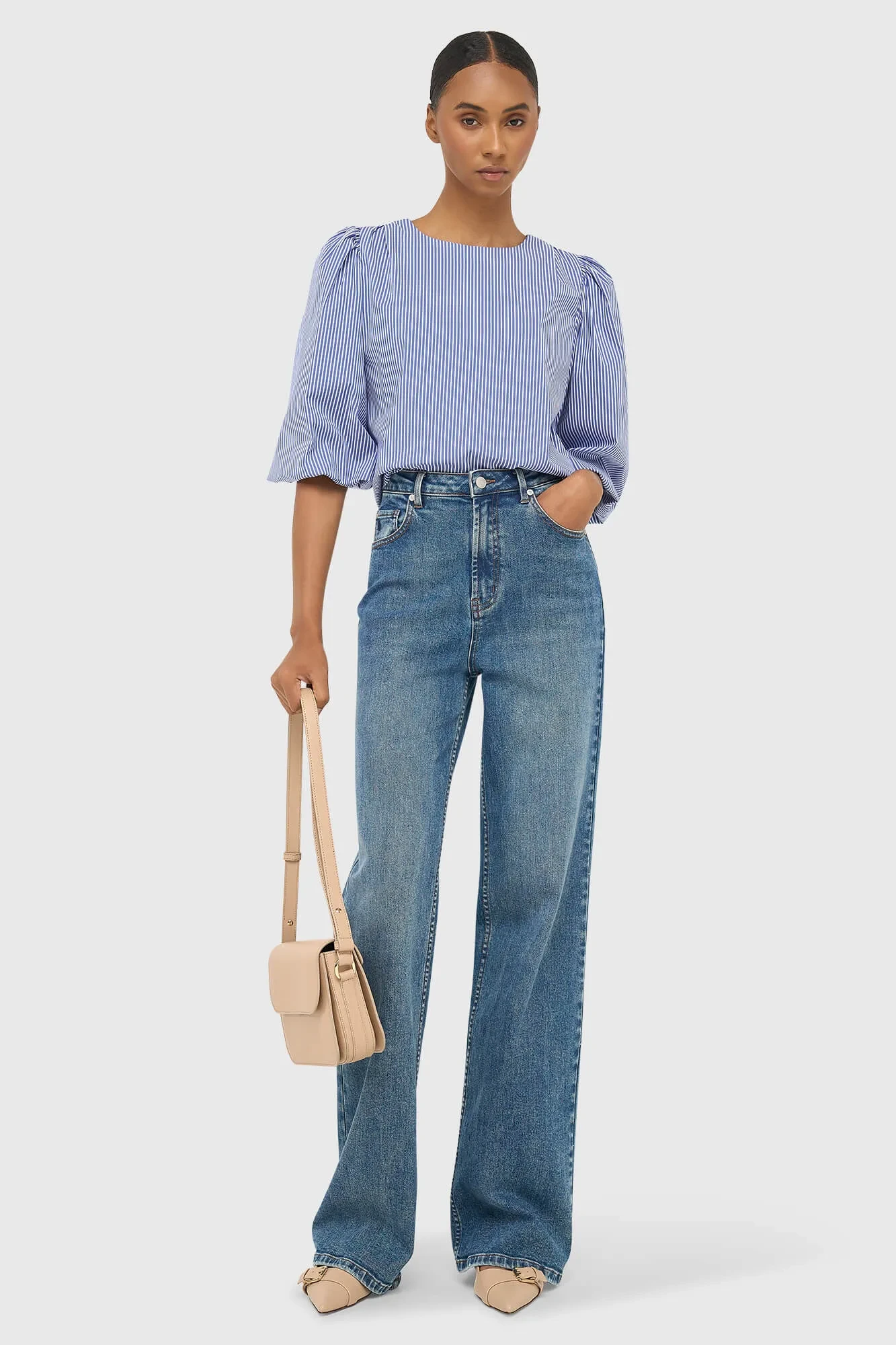 Dames Top Pof Mouw Streepjes Elian Blauw