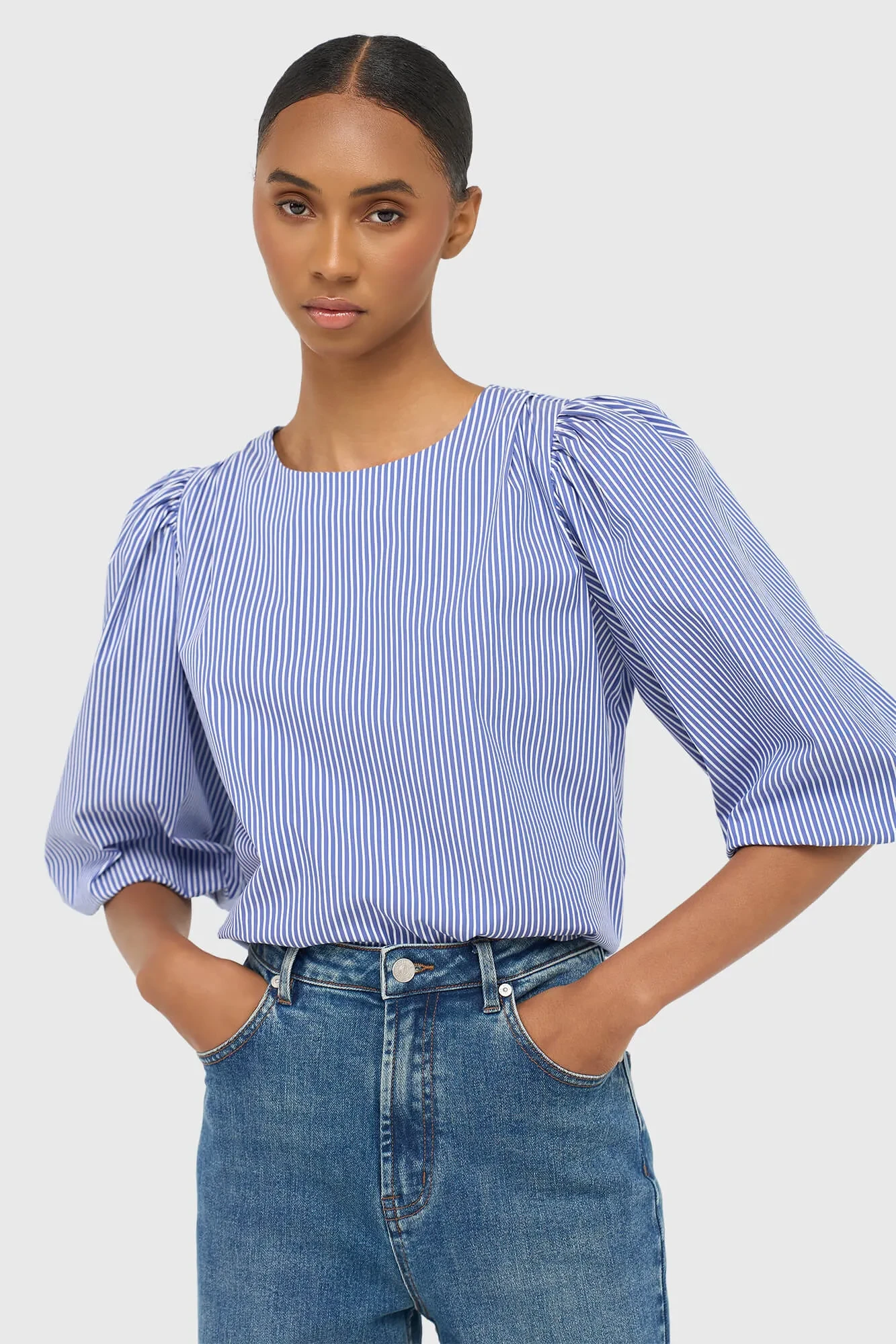 Dames Top Pof Mouw Streepjes Elian Blauw