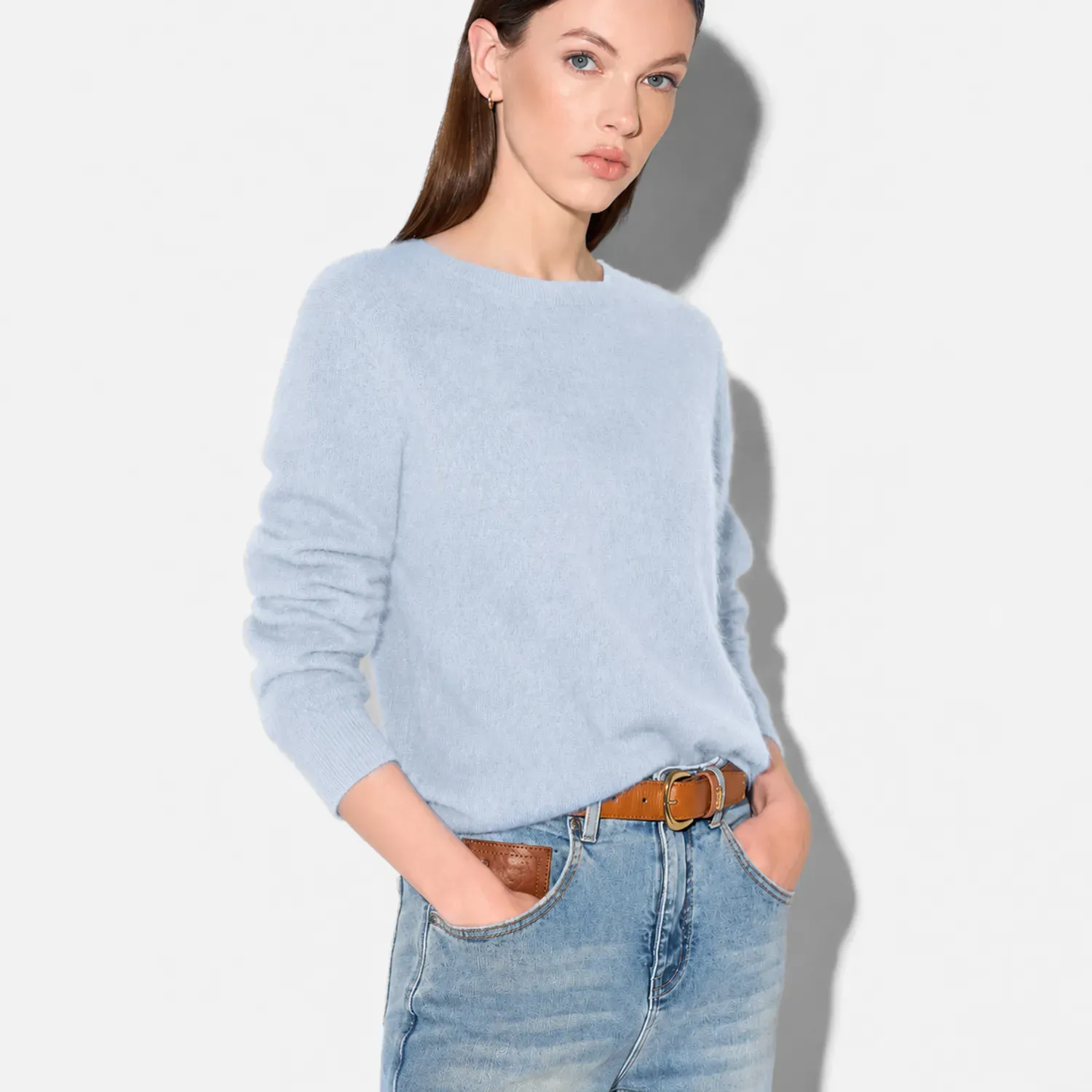 Dames Trui Ronde Hals Gebrushed Merino Wol Eon Licht Blauw