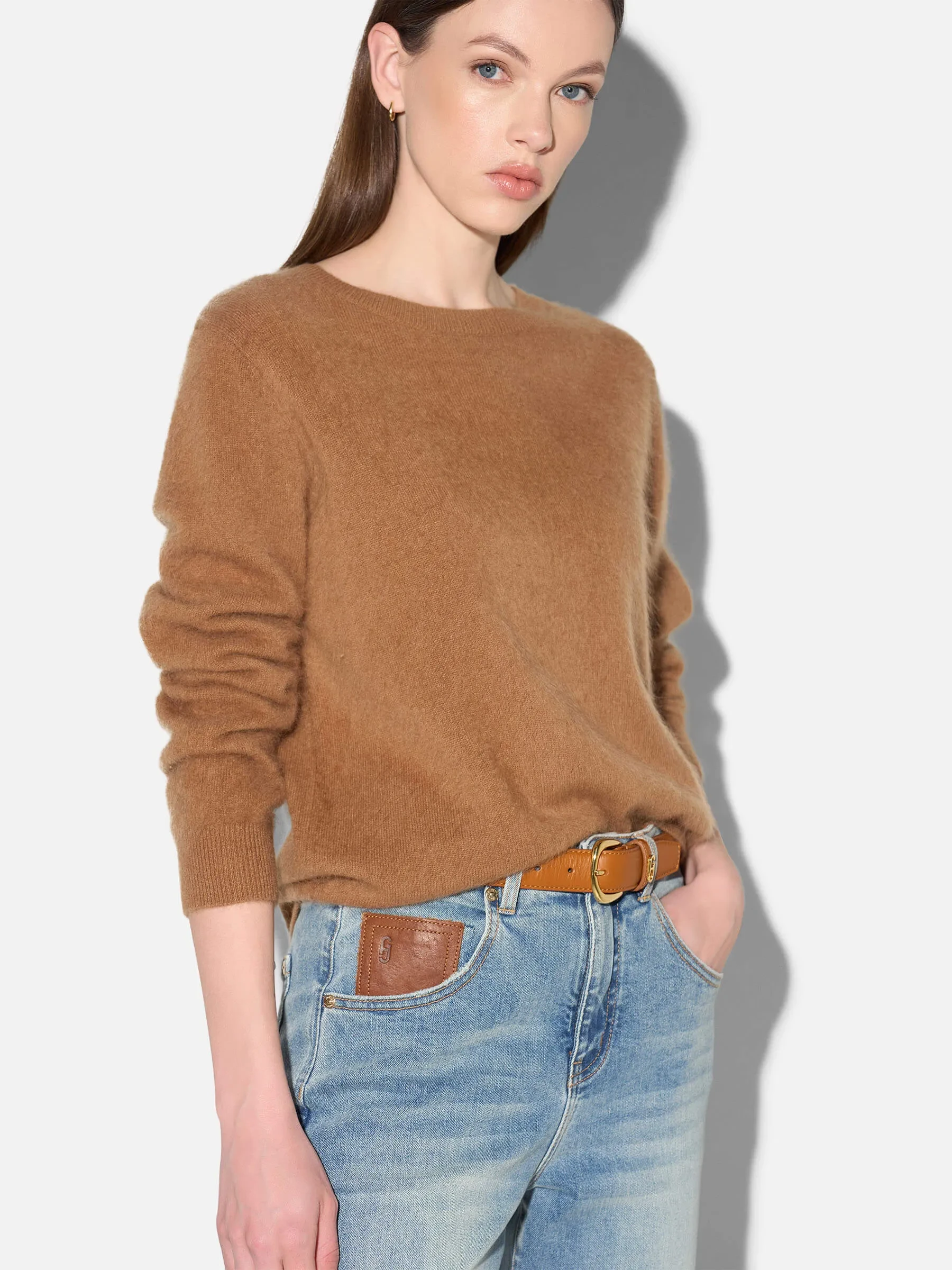 Dames Trui Ronde Hals Gebrushed Merino Wol Eon Camel