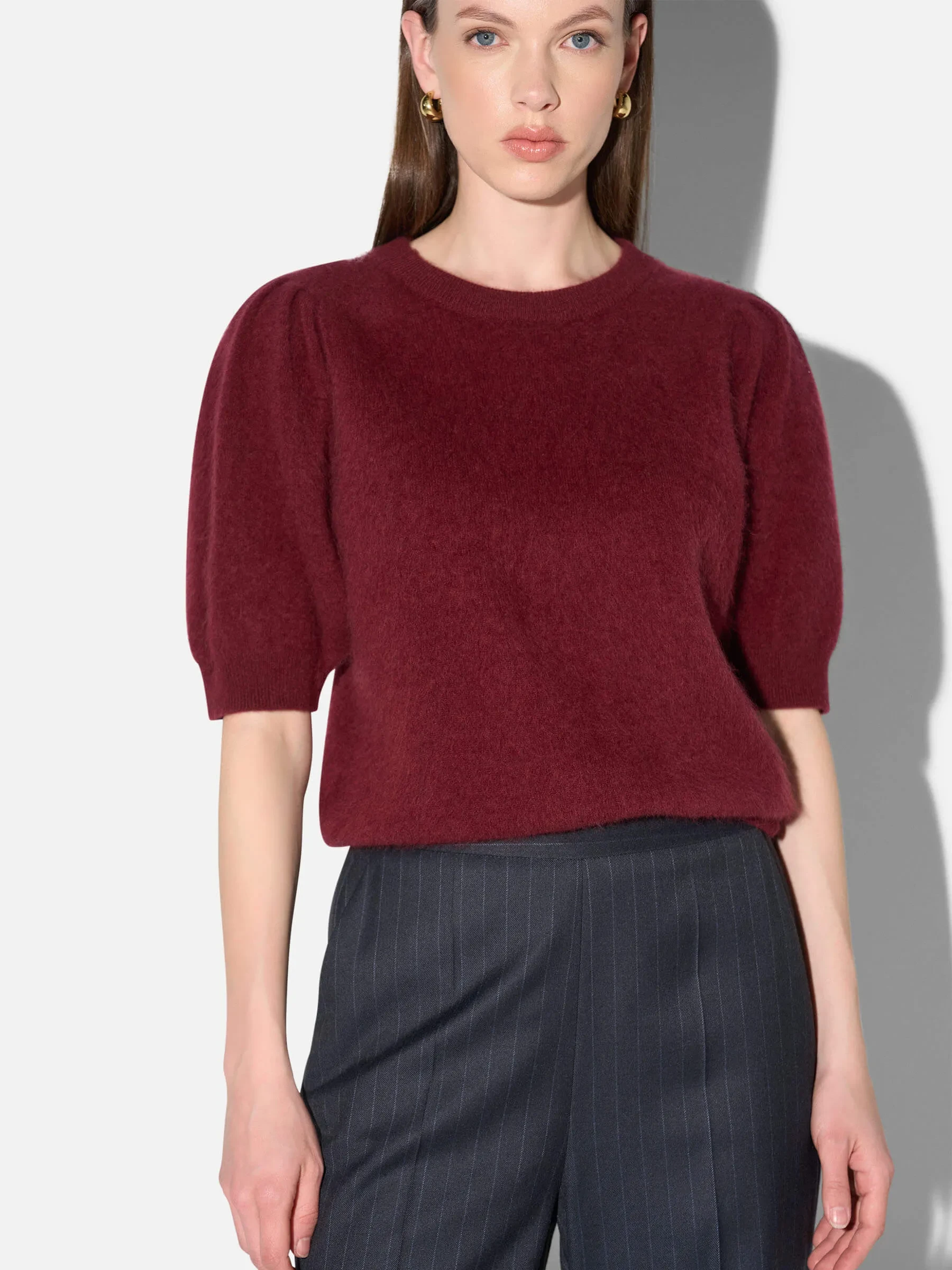 Dames Trui Ronde Hals Pofmouw Gebrushed Merino Wol Peyton Burgundy