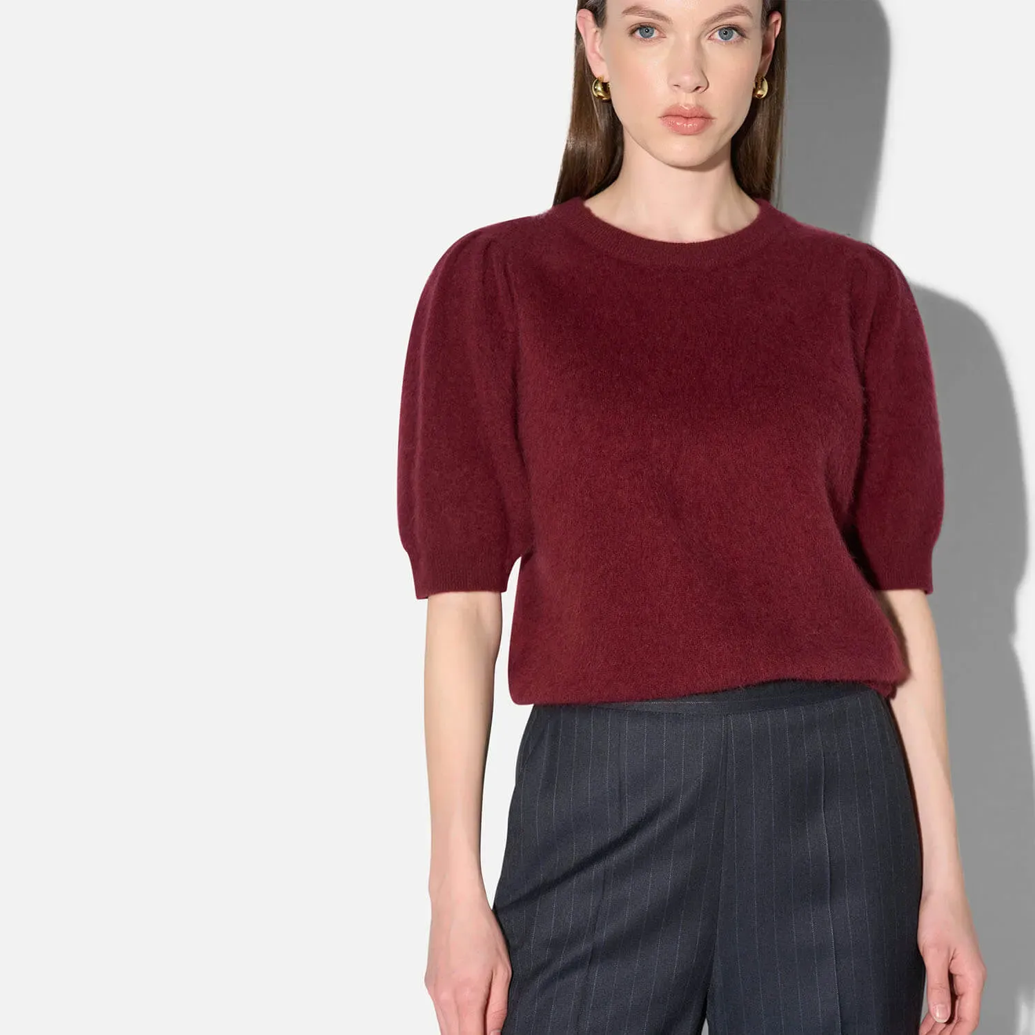 Dames Trui Ronde Hals Pofmouw Gebrushed Merino Wol Peyton Burgundy