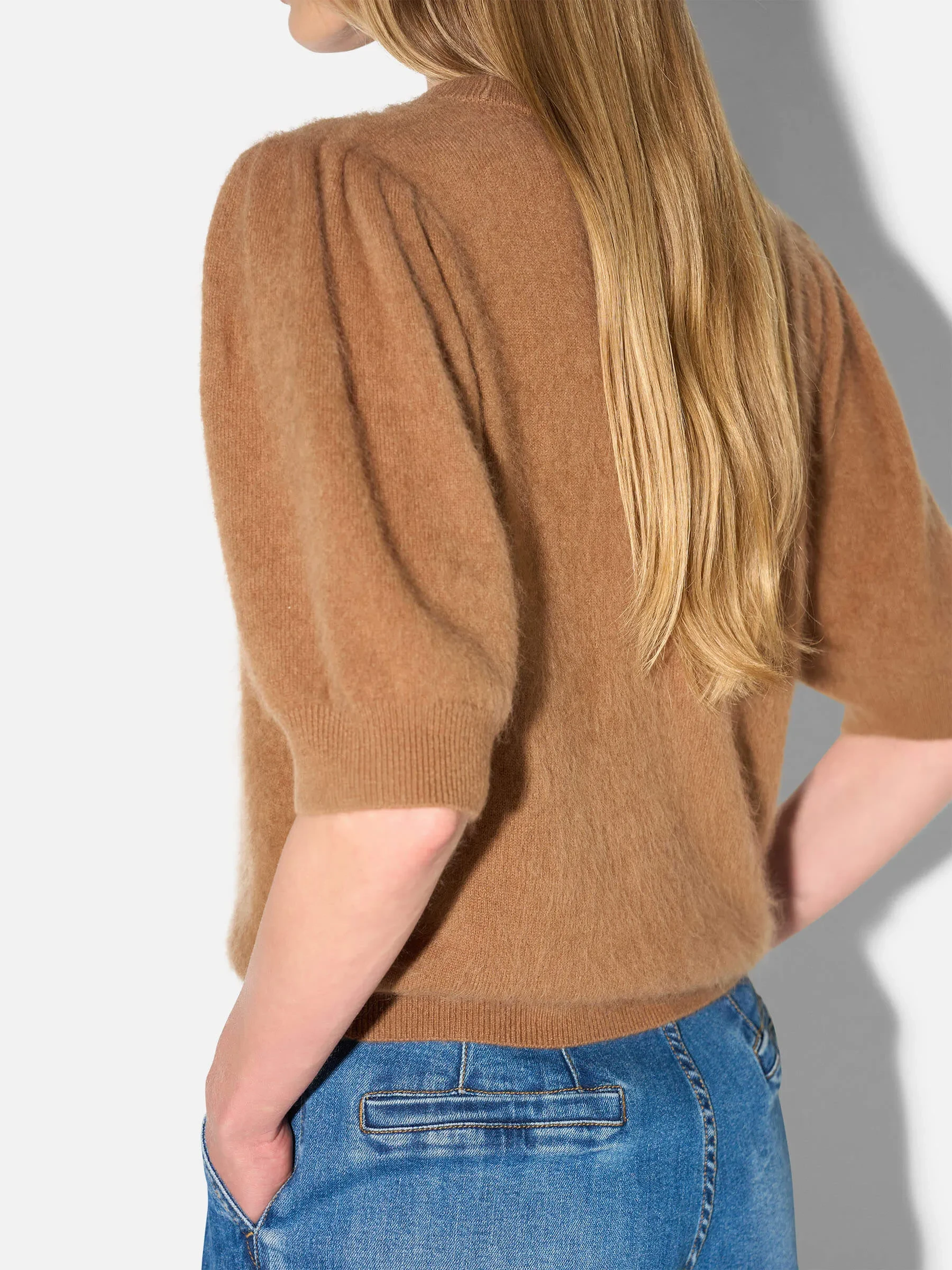 Dames Trui Ronde Hals Pofmouw Gebrushed Merino Wol Peyton Camel