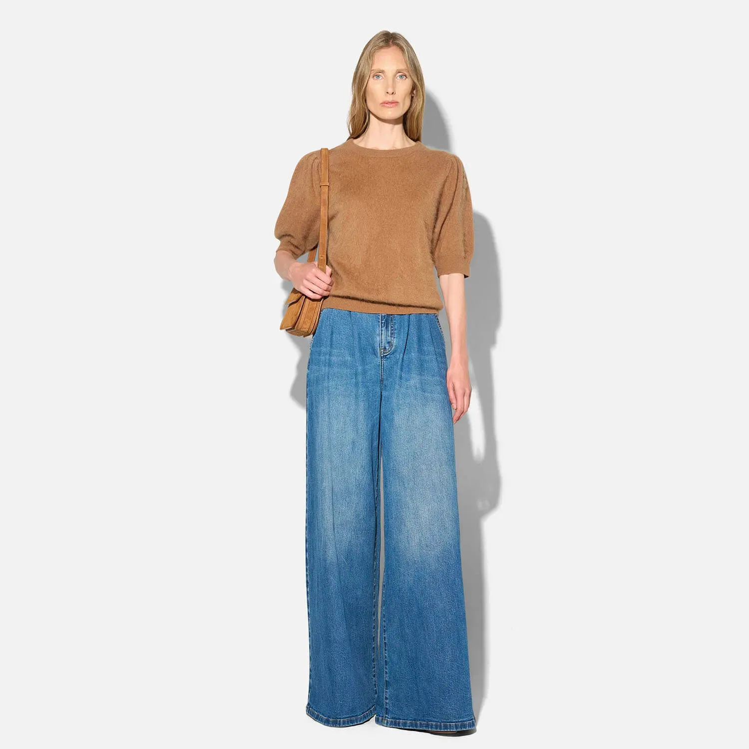 Dames Trui Ronde Hals Pofmouw Gebrushed Merino Wol Peyton Camel