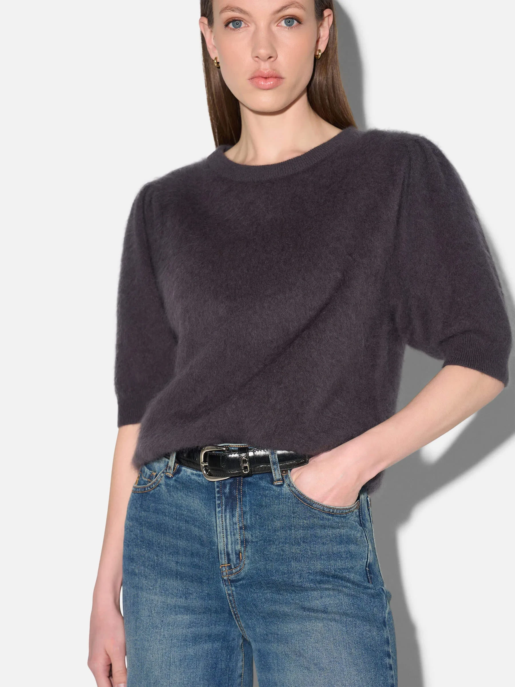 Dames Trui Ronde Hals Pofmouw Gebrushed Merino Wol Peyton Grijs