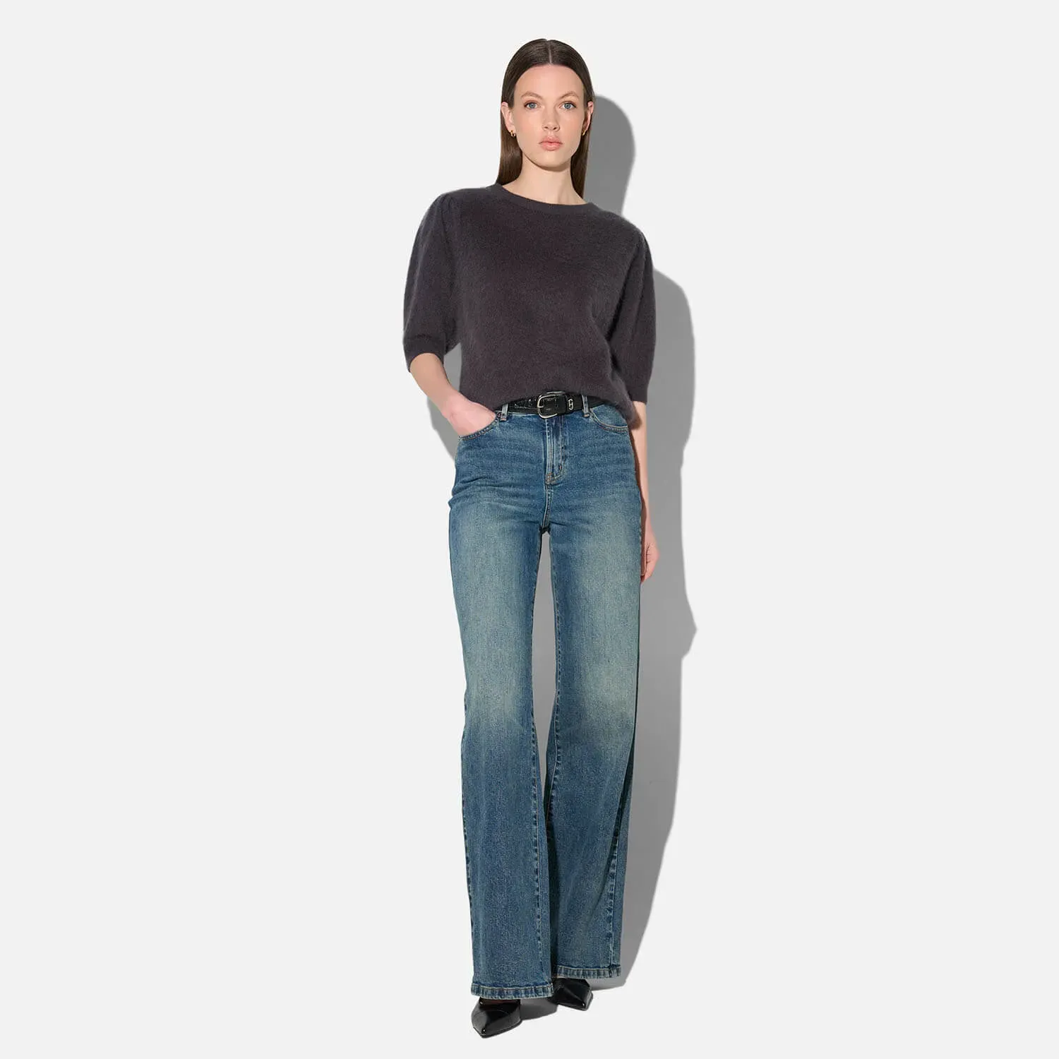 Dames Trui Ronde Hals Pofmouw Gebrushed Merino Wol Peyton Grijs