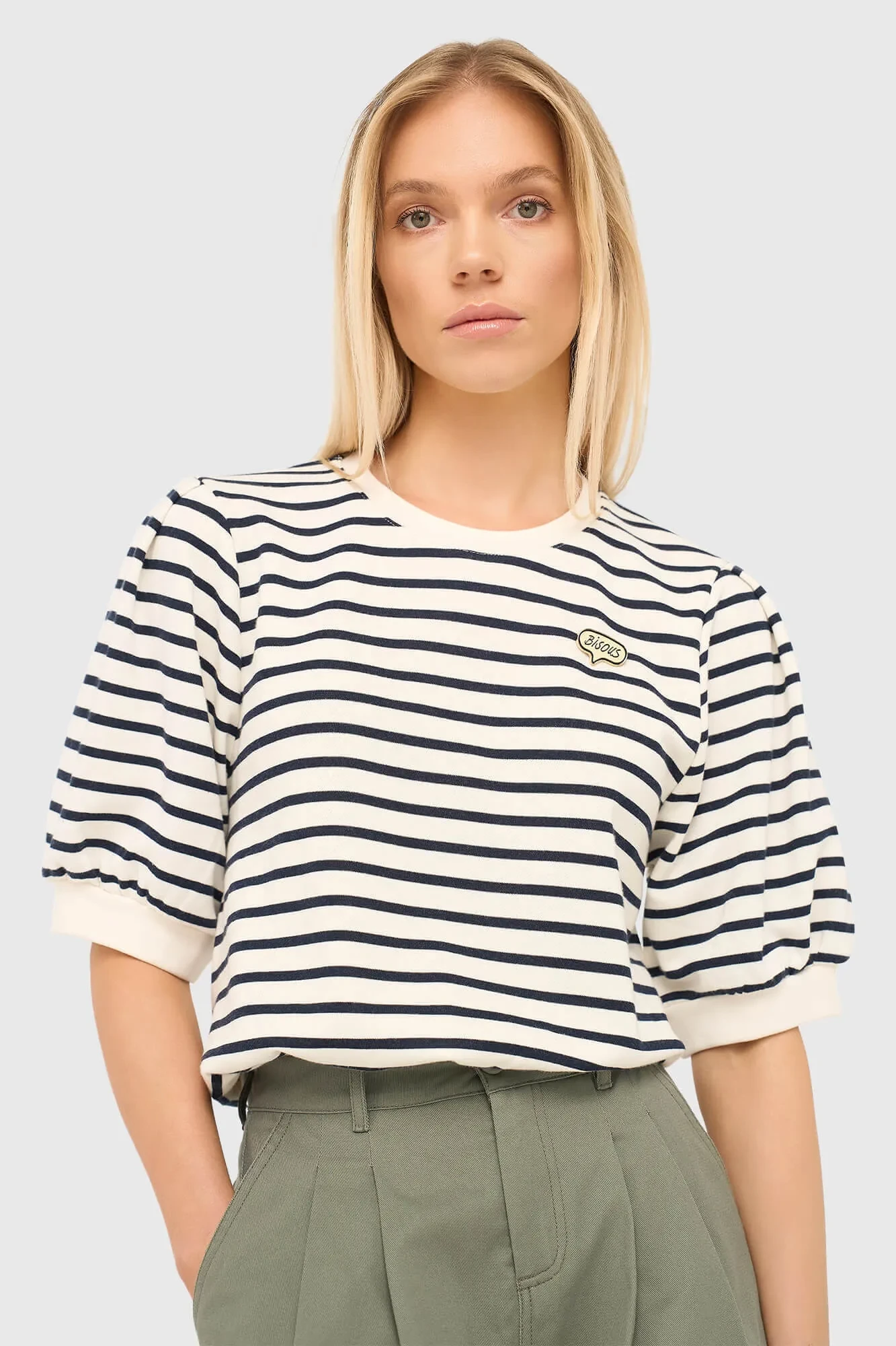 Gestreepte Blauw Wit Dames Sweater Pof Mouw Katoen Corey