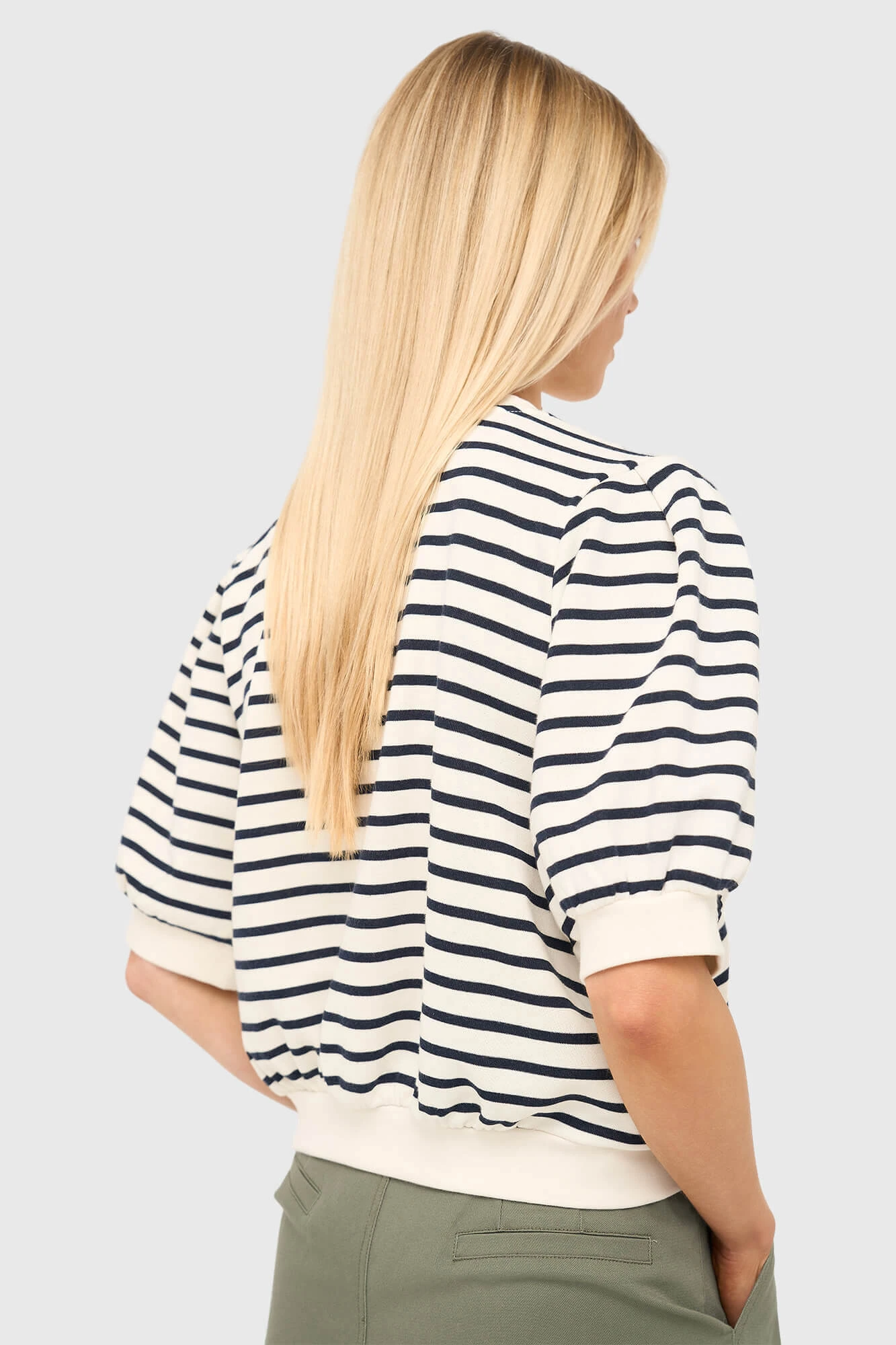 Gestreepte Blauw Wit Dames Sweater Pof Mouw Katoen Corey