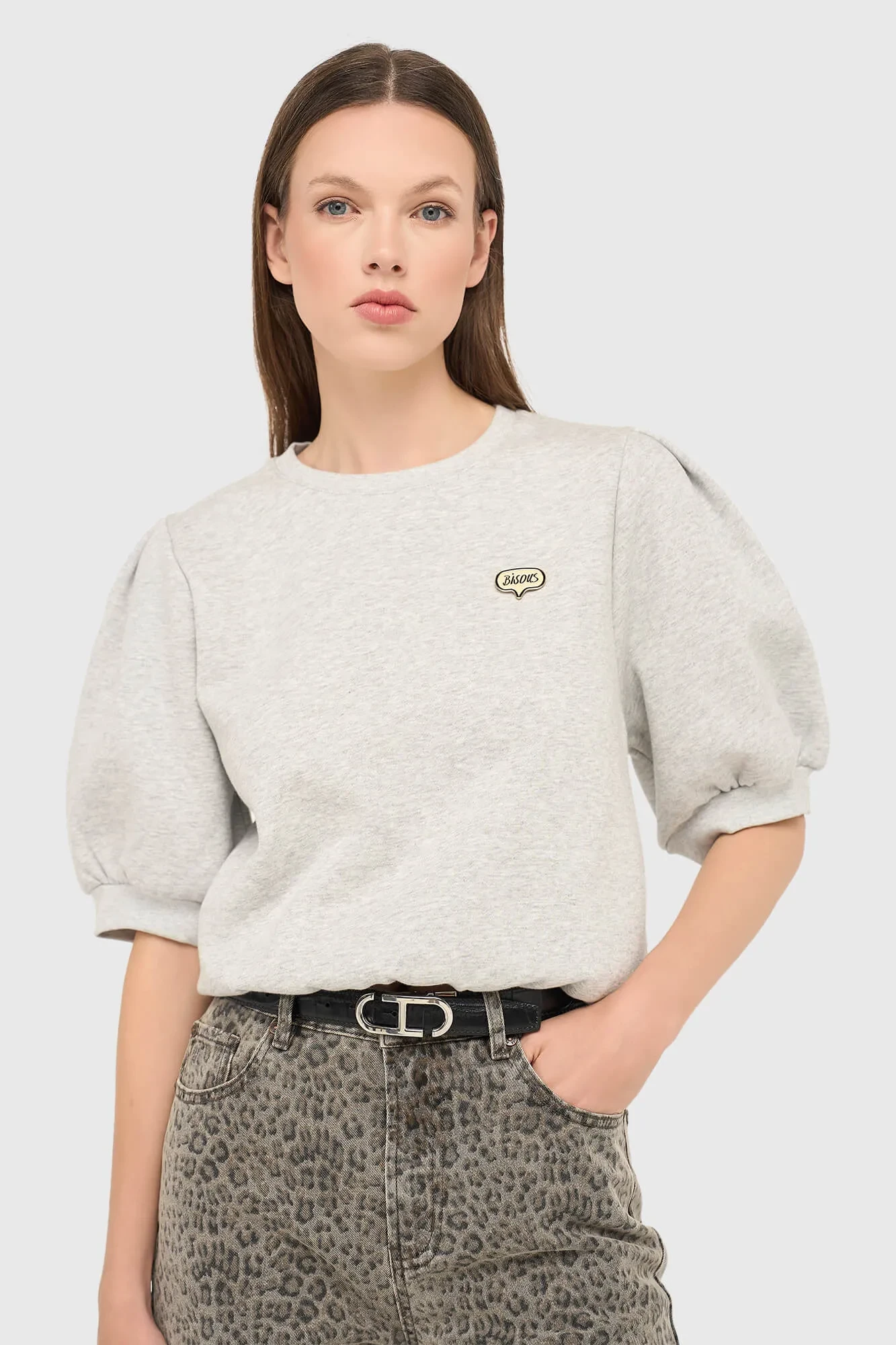 Grijze Dames Sweater Pof Mouw Katoen Corey