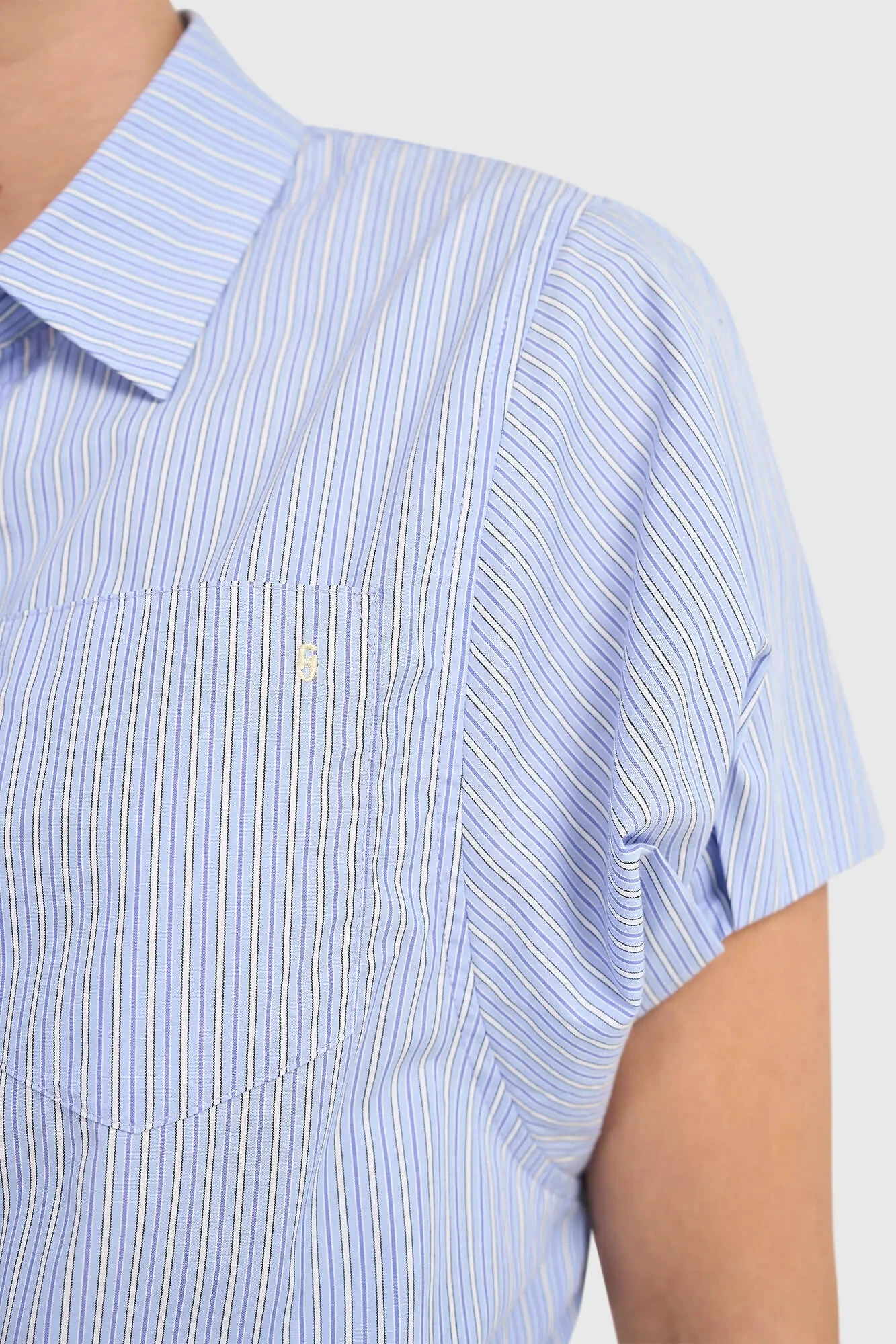 Katoenen Dames Blouse Korte Mouw Gestreept Cross Blauw