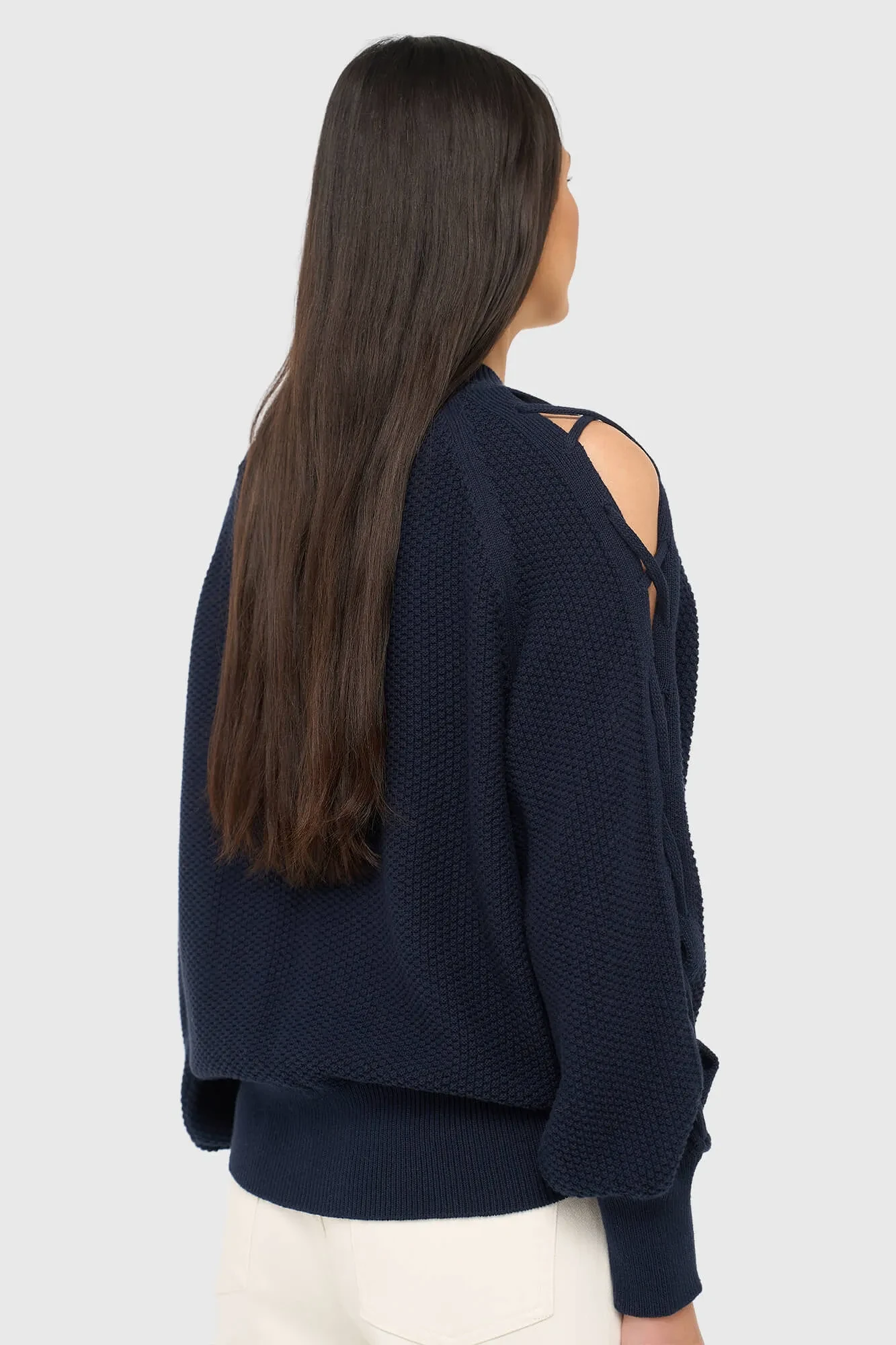 Katoenen Dames Trui Veters Mouwen Open Schouders Grove Blauw