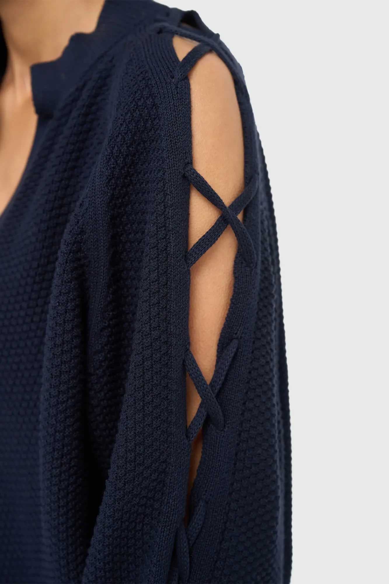 Katoenen Dames Trui Veters Mouwen Open Schouders Grove Blauw