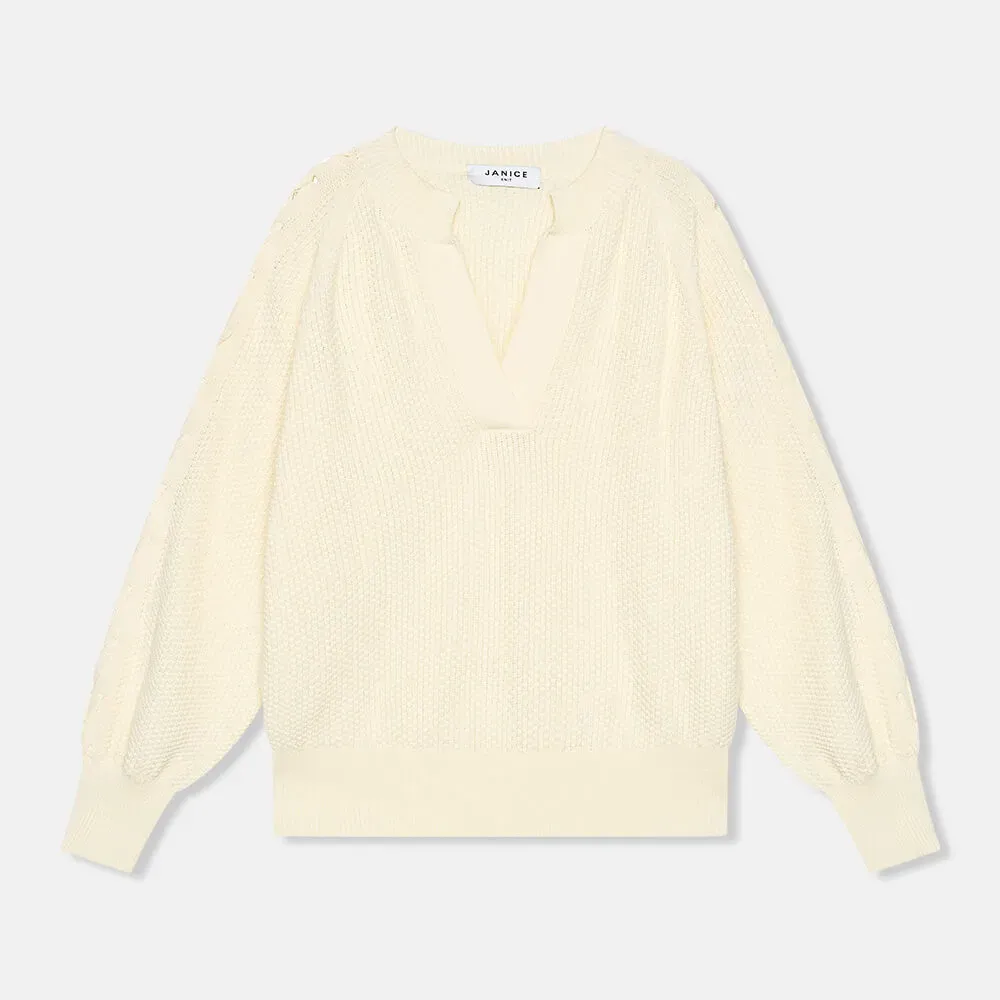 Katoenen Dames Trui Veters Mouwen Open Schouders Grove Off White
