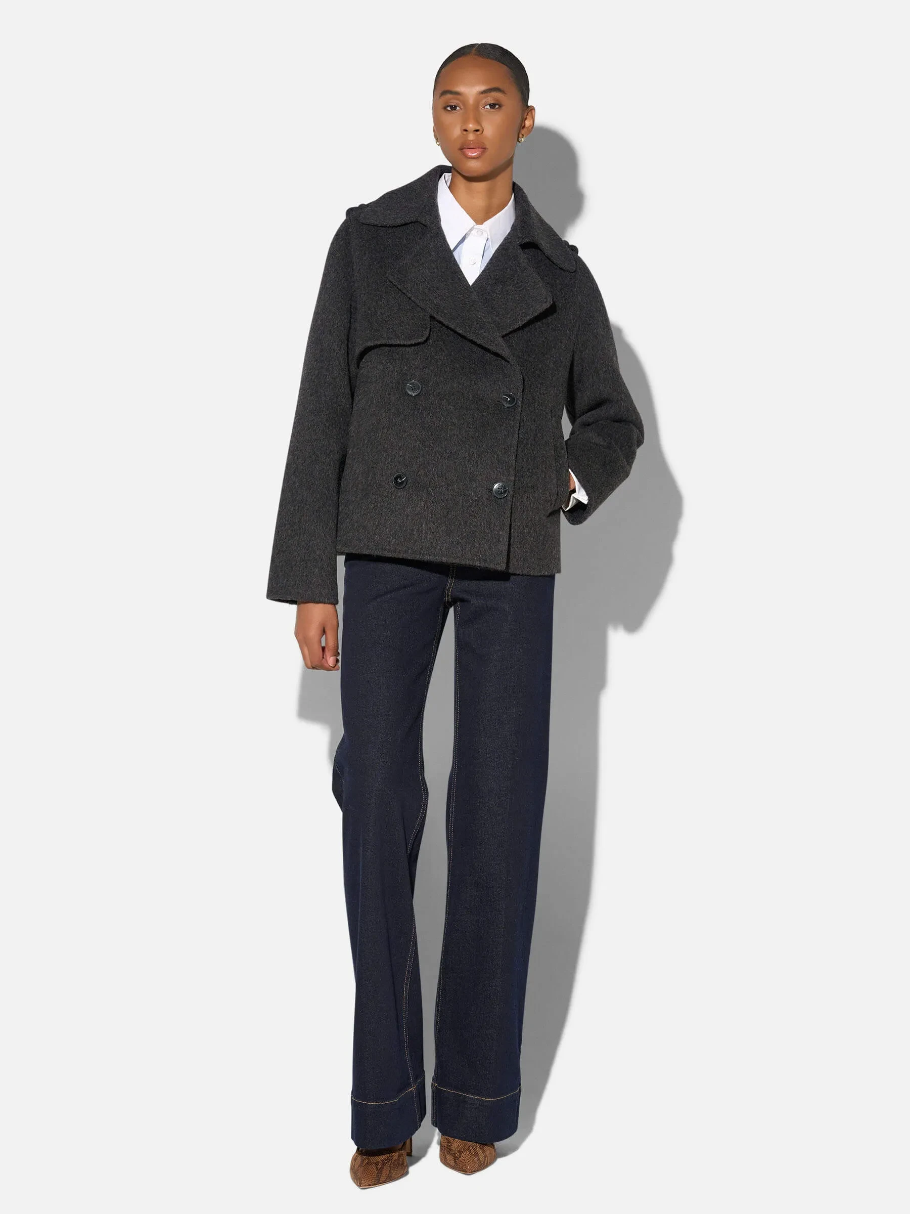 Korte Trench Dames Jas Yak Wol Jean Grijs