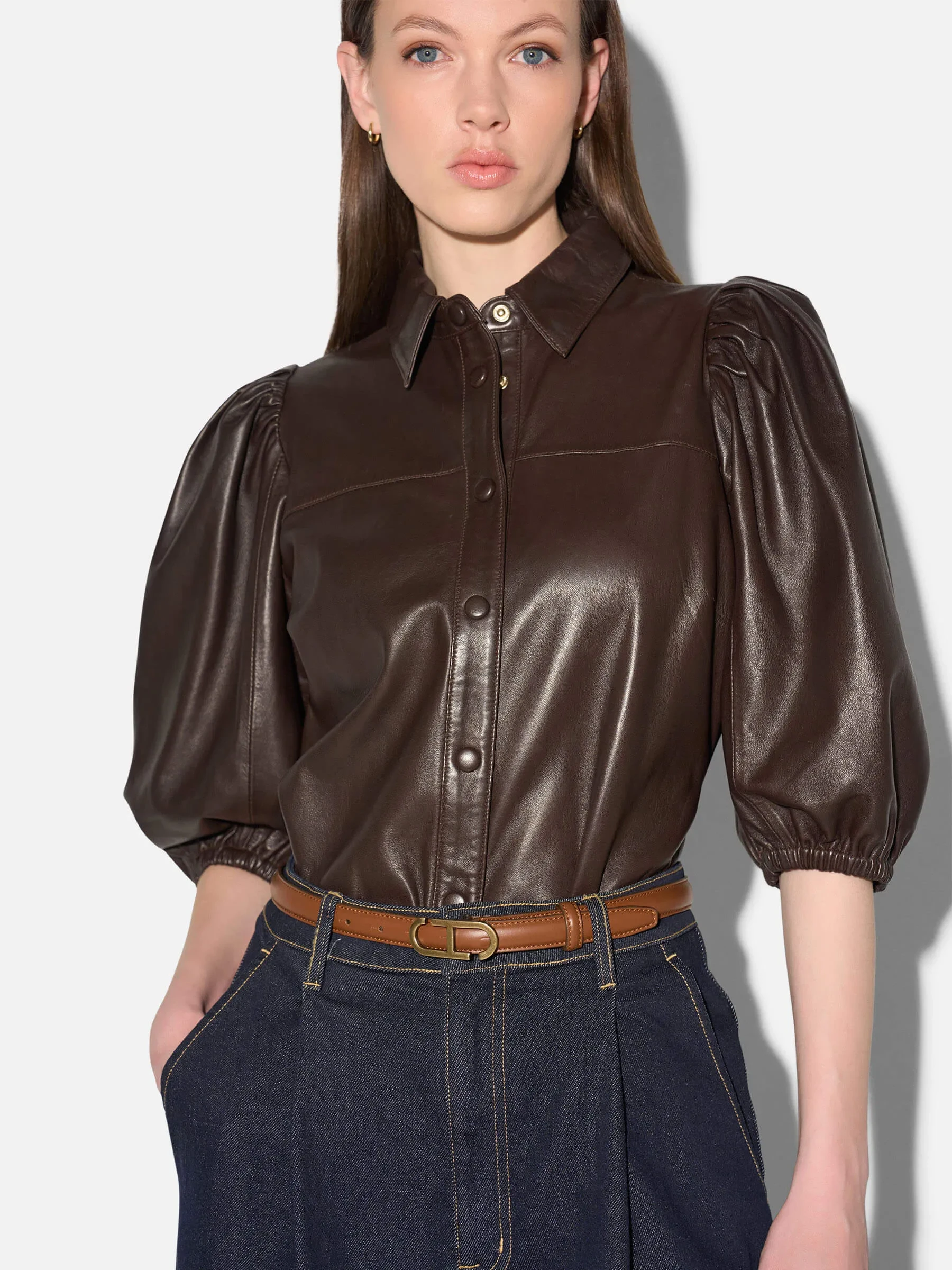 Leren Blouse Dames Denim Pofmouw Lars Bruin