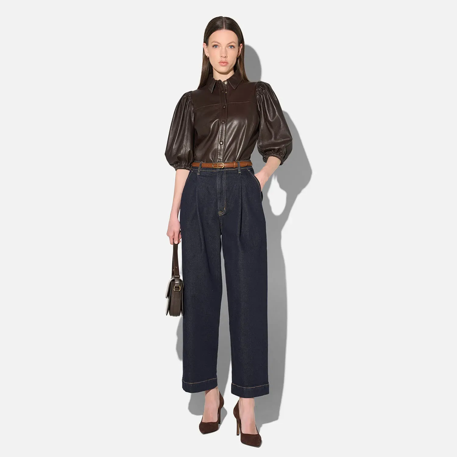 Leren Blouse Dames Denim Pofmouw Lars Bruin