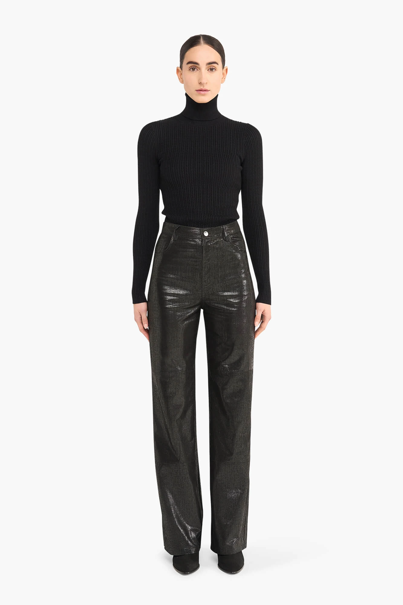 Leren Broek Dames Rechte Pijp Jason Metallic Zwart