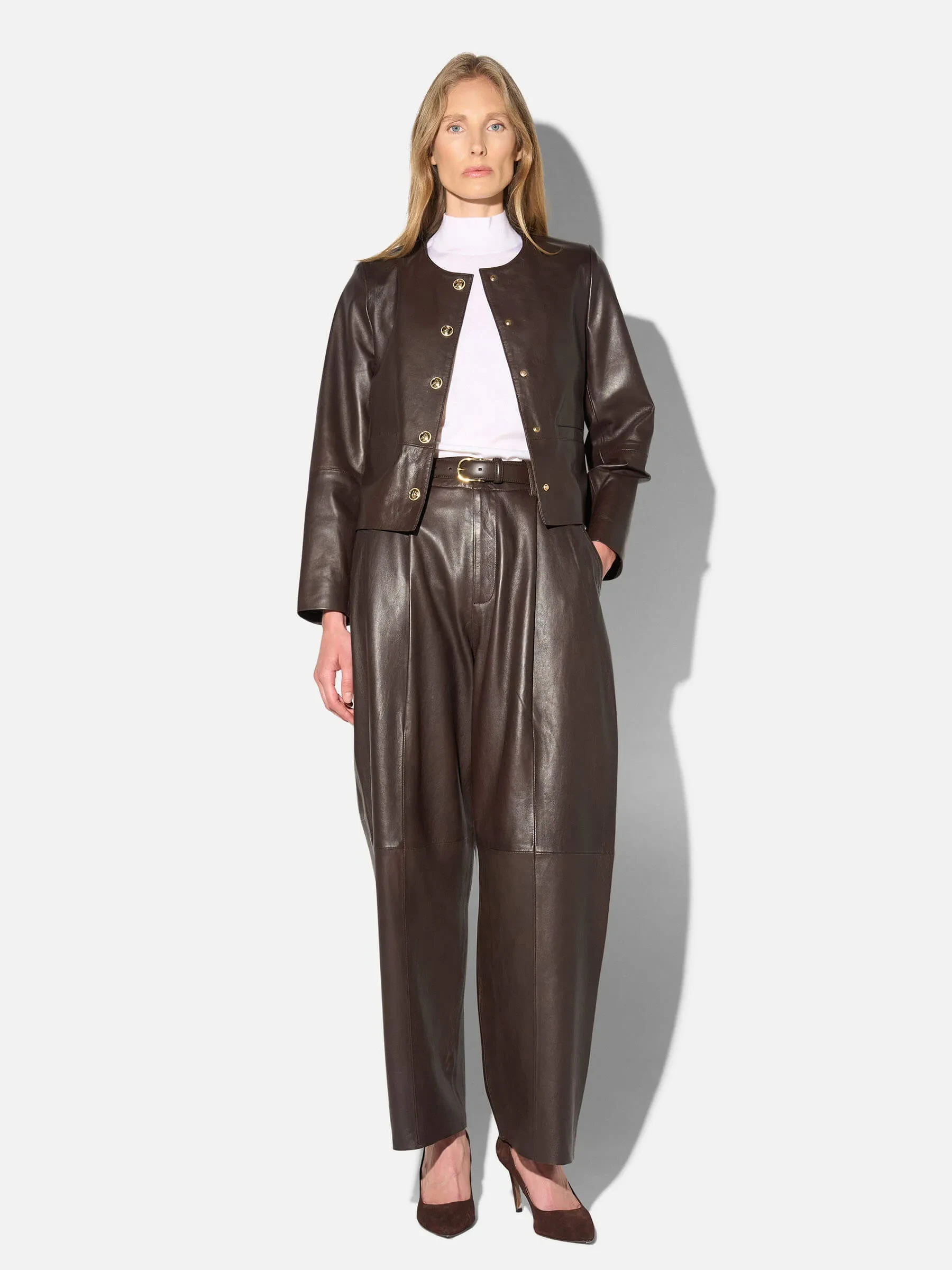 Leren Dames Broek Steekzakken Barrel Balti Bruin