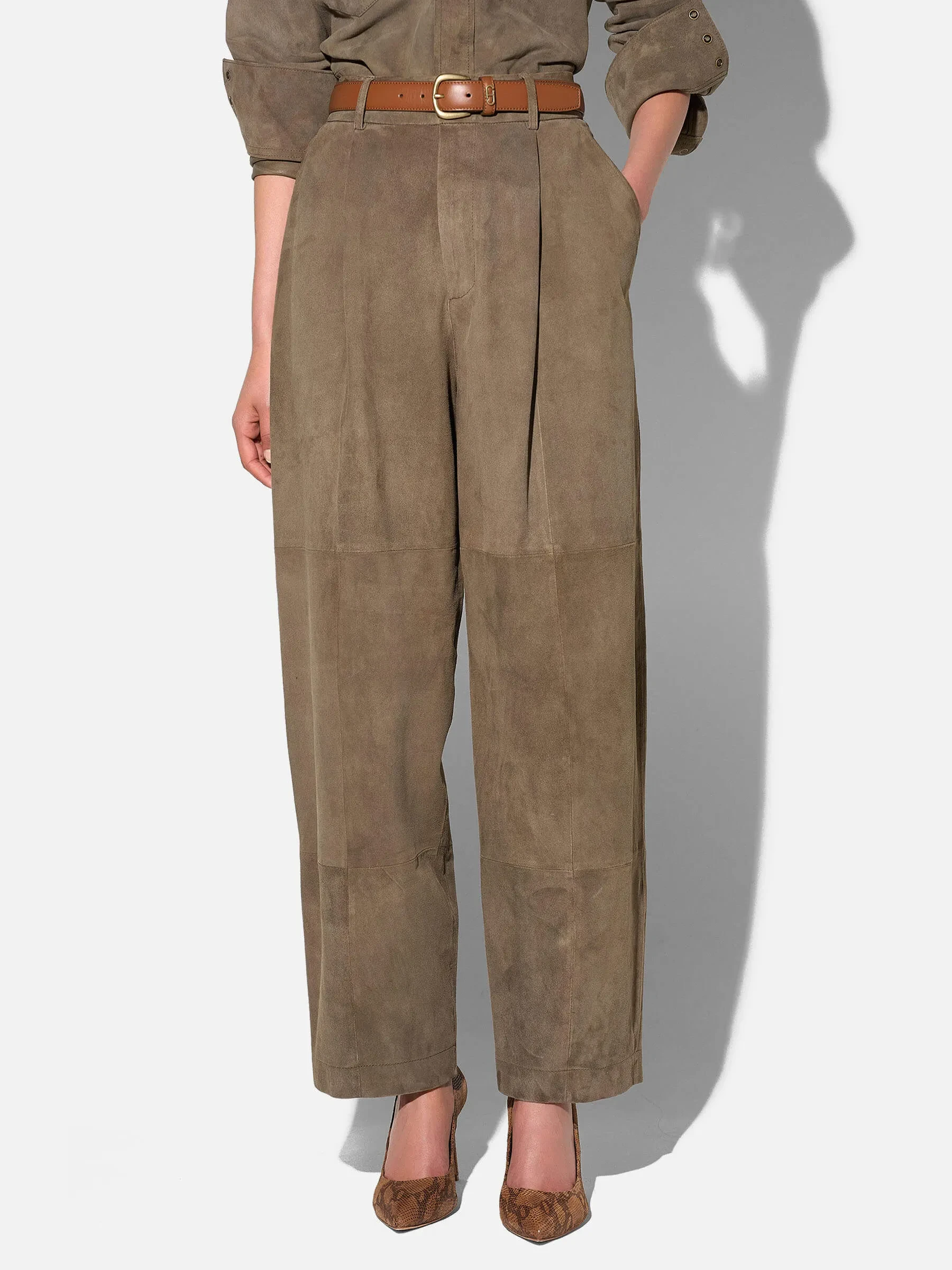 Leren Dames Broek Steekzakken Barrel Balti Groen Suede