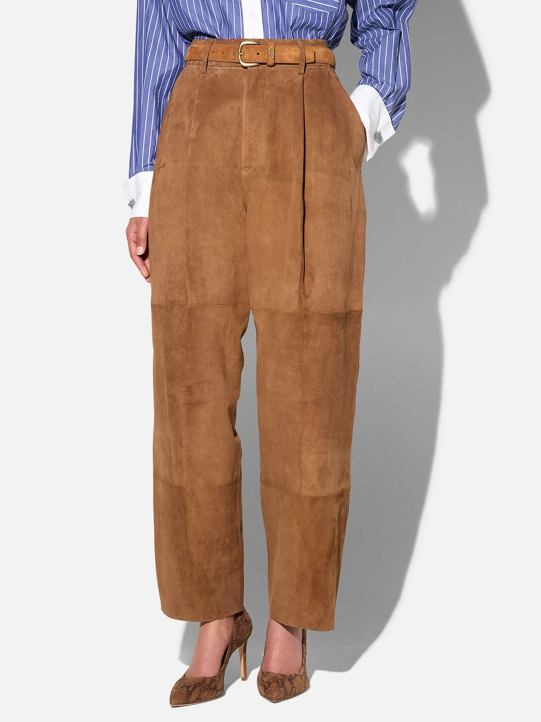 Leren Dames Broek Steekzakken Barrel Balti Tabacco Suede