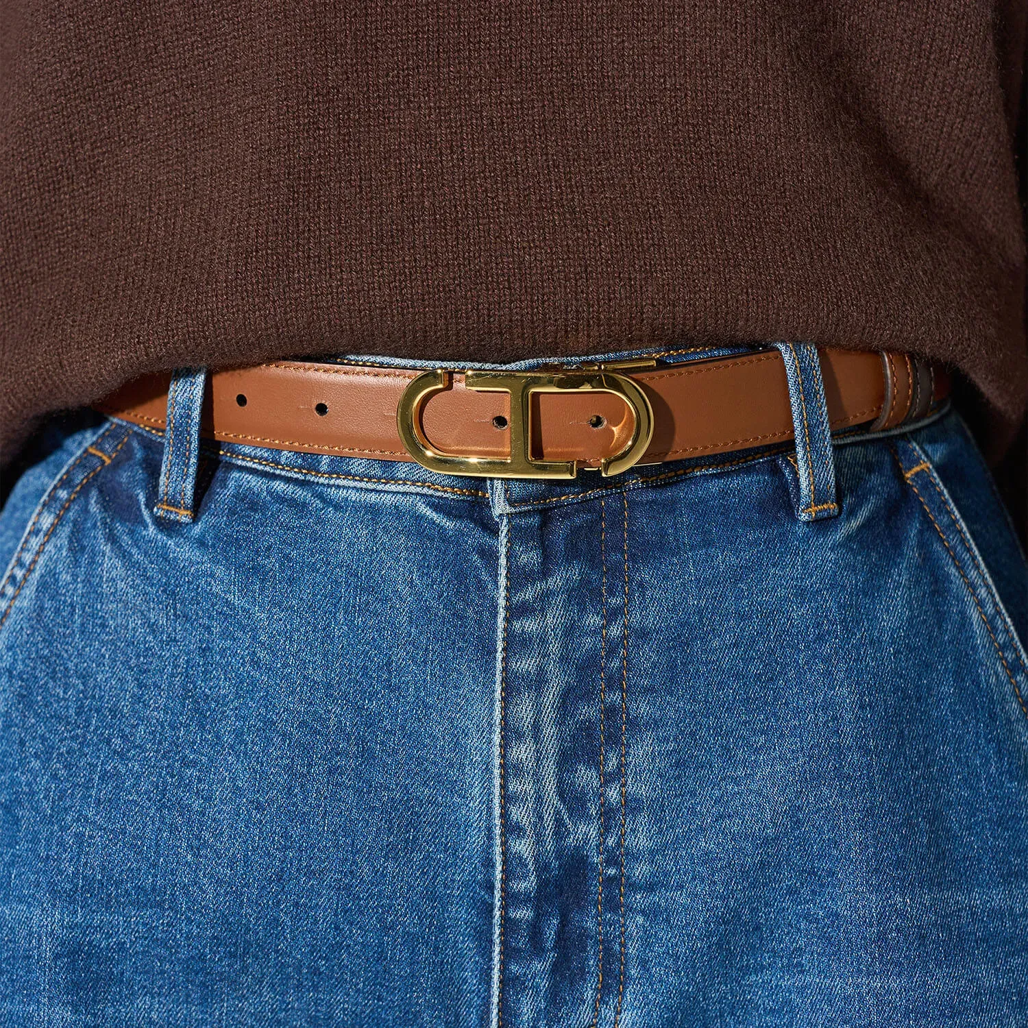 Leren Dames Riem Reversible Goud Trophy Tabacco Bruin