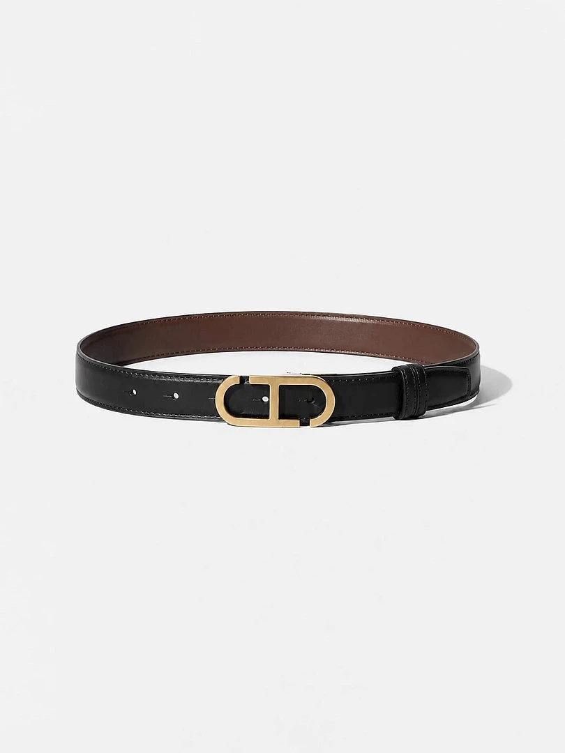 Leren Dames Riem Reversible Zwart Bruin Brass Trophy Buckle