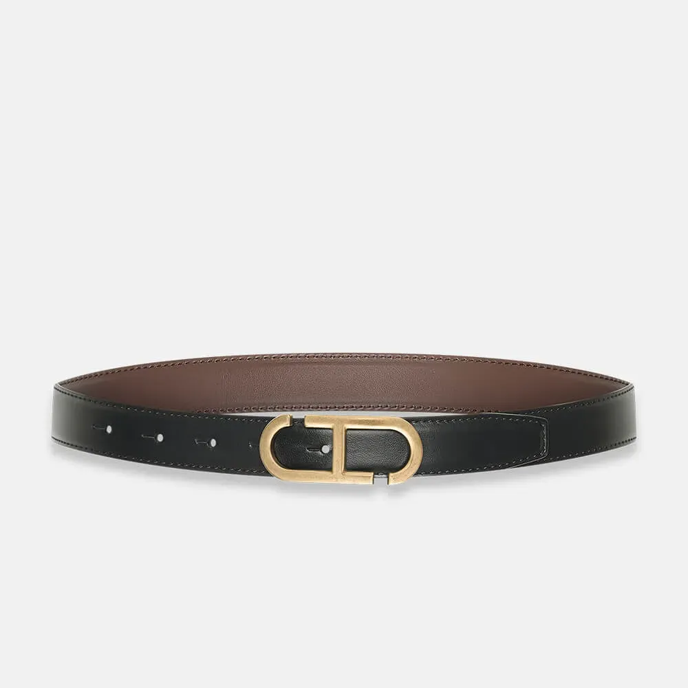 Leren Dames Riem Reversible Zwart Bruin Brass Trophy Buckle