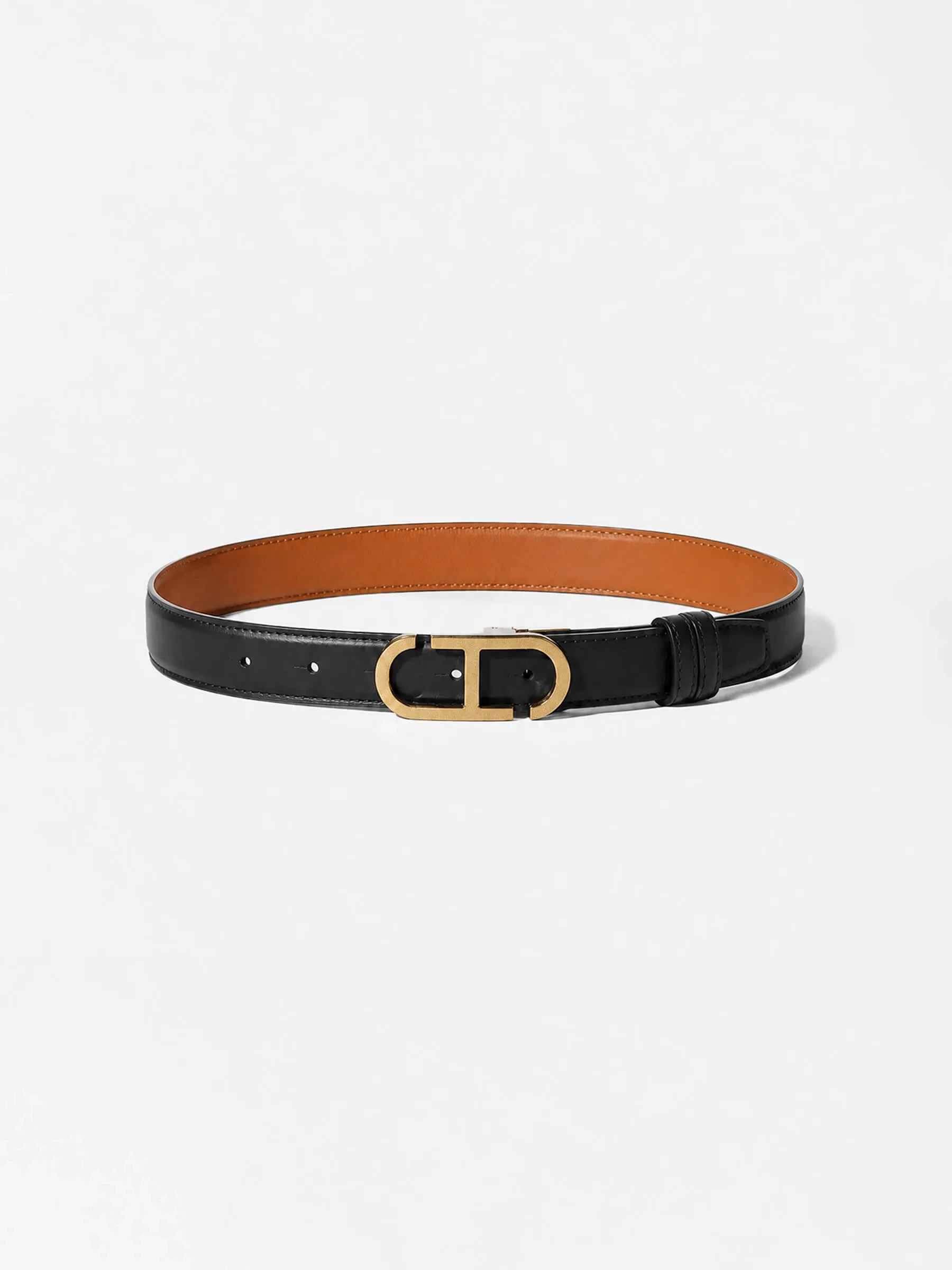 Leren Dames Riem Reversible Zwart Camel Brass Trophy Buckle